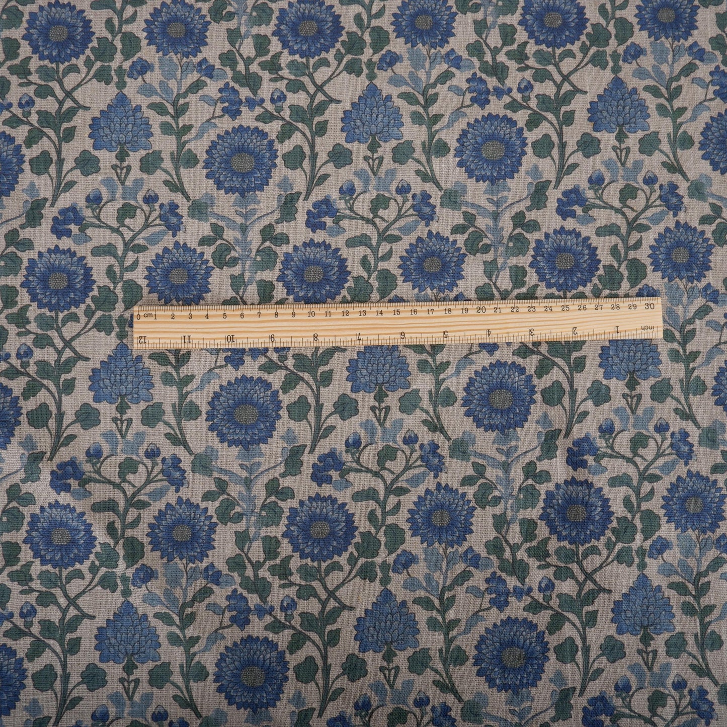 100% LINEN Fabric Mughal floral print - blue green grey 2214