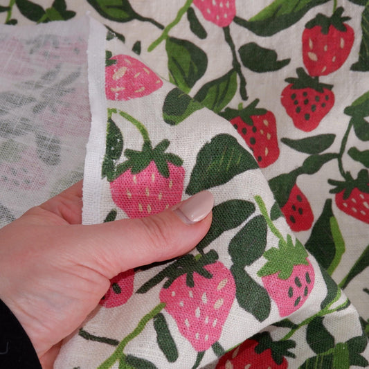 100% LINEN Fabric with strawberry field print - beige pink red green 2077