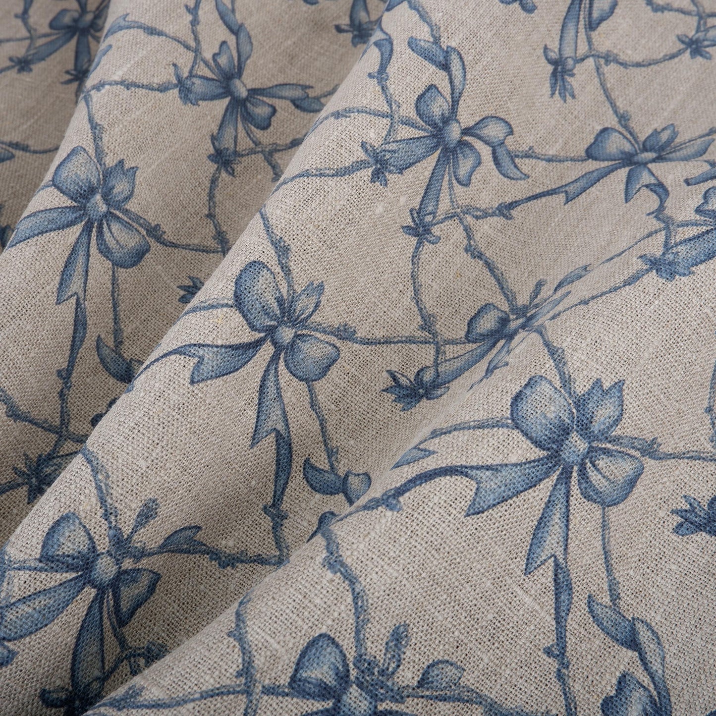 100% LINEN Fabric Blue Ribbon bow on oatmeal linen - Nursery print 2235