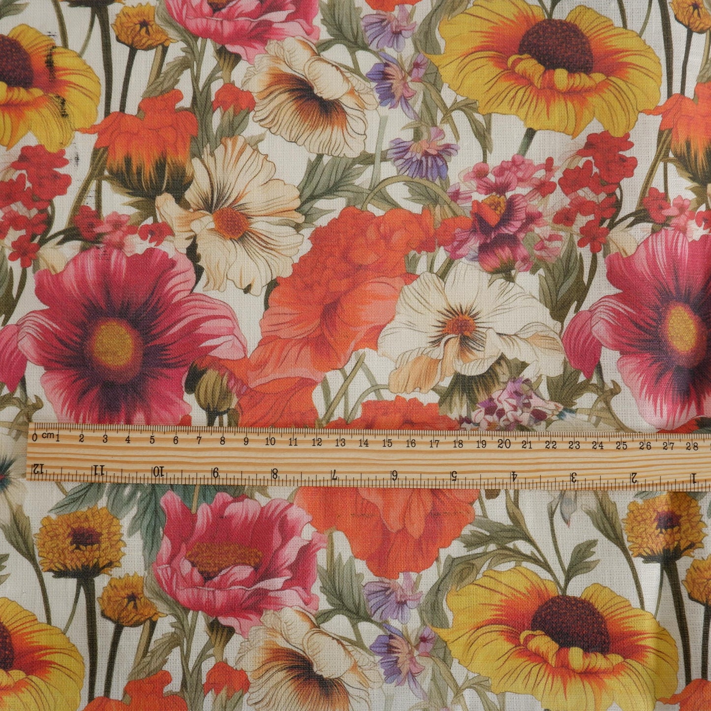100% LINEN RED yellow WILDFLOWERS floral print 2073