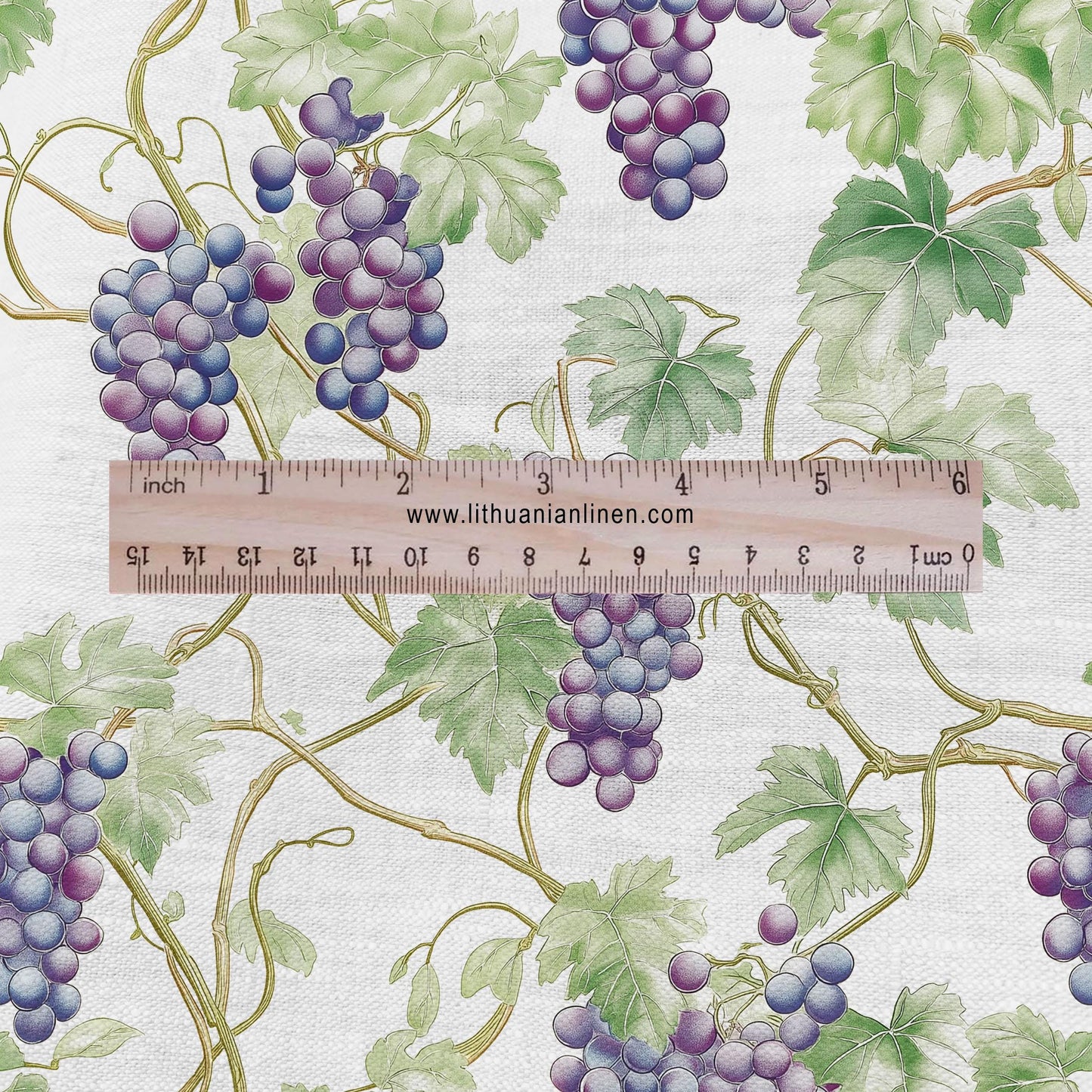 100% LINEN Fabric Grapes vine print - purple green white 2269