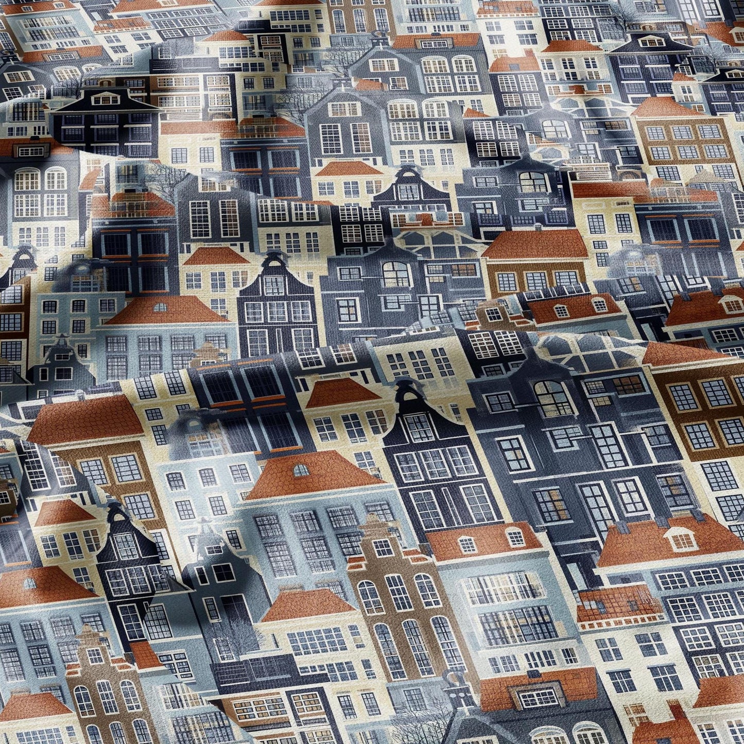 100% LINEN Fabric Amsterdam houses Holand scenery print - navy blue red 2264