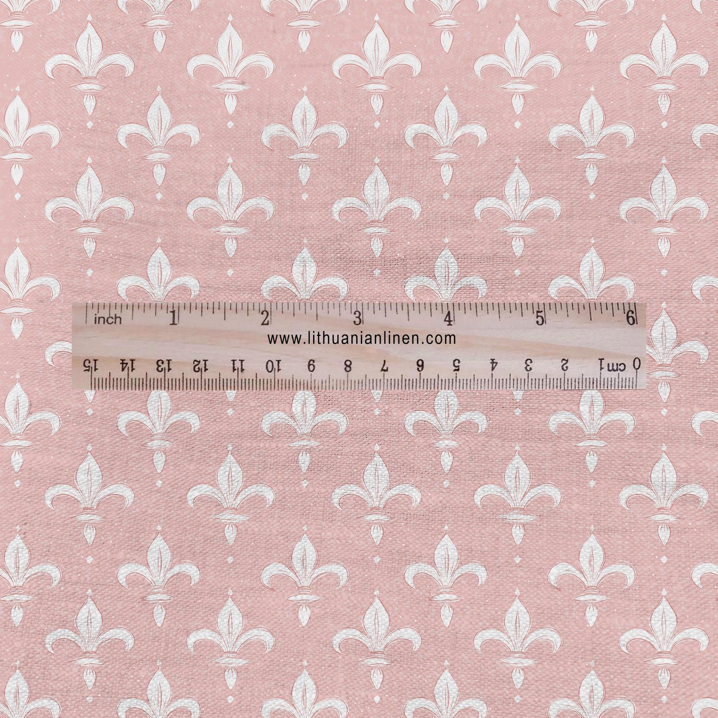 100% LINEN Fabric Fleur de lis print - pink white 2273