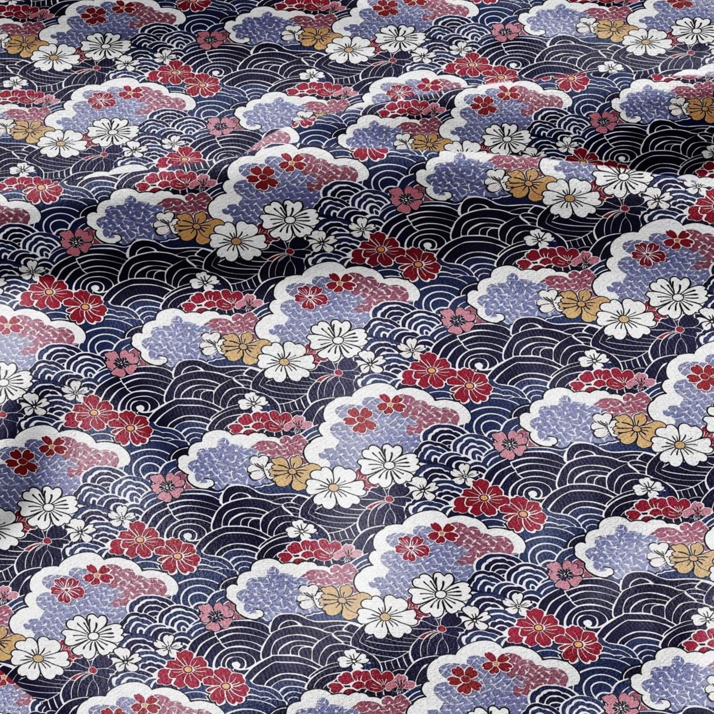 100% LINEN Fabric Japanese Ikigai Print - red navy waves floral 2201