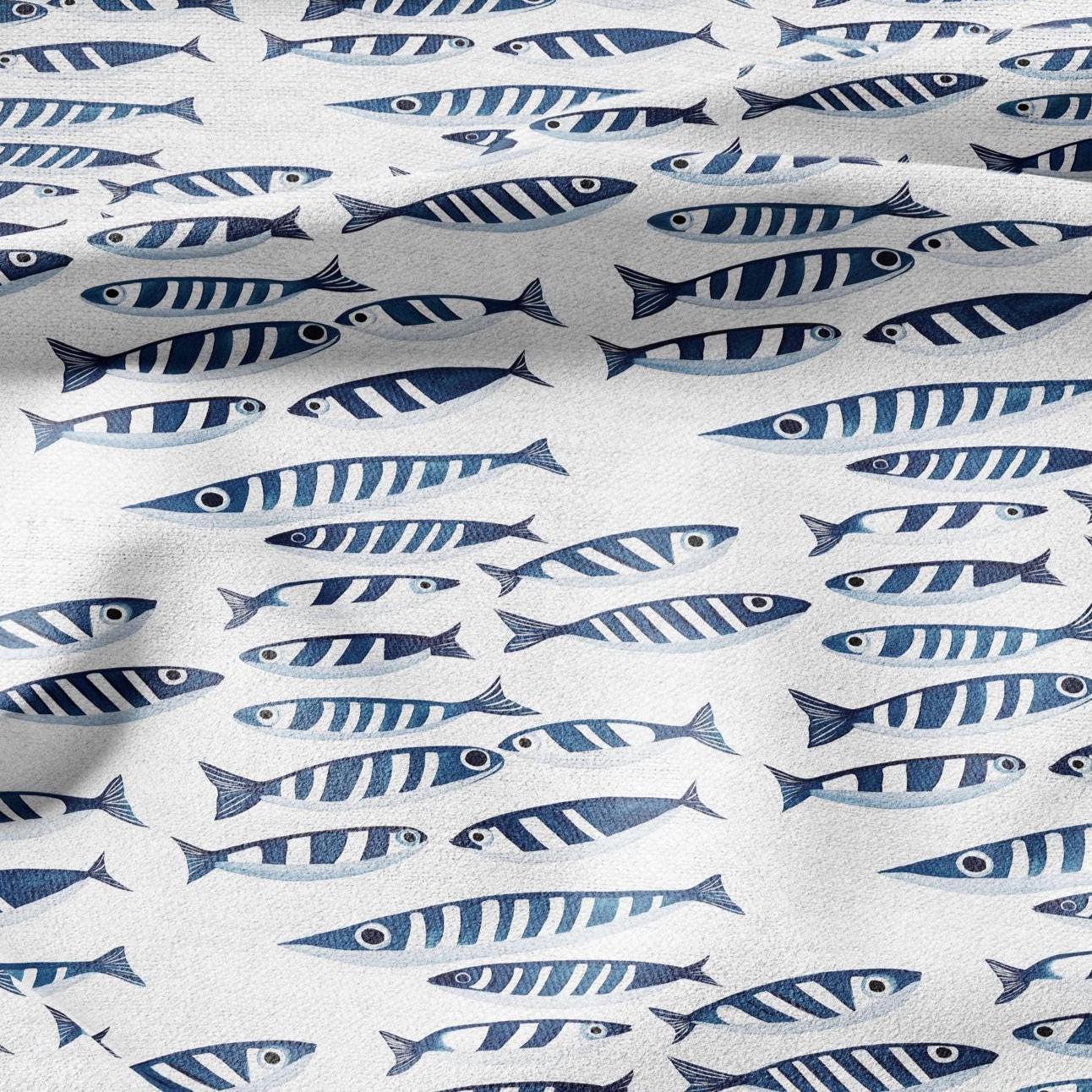 100% LINEN Fabric Sardines fish - animal blue white print 2273