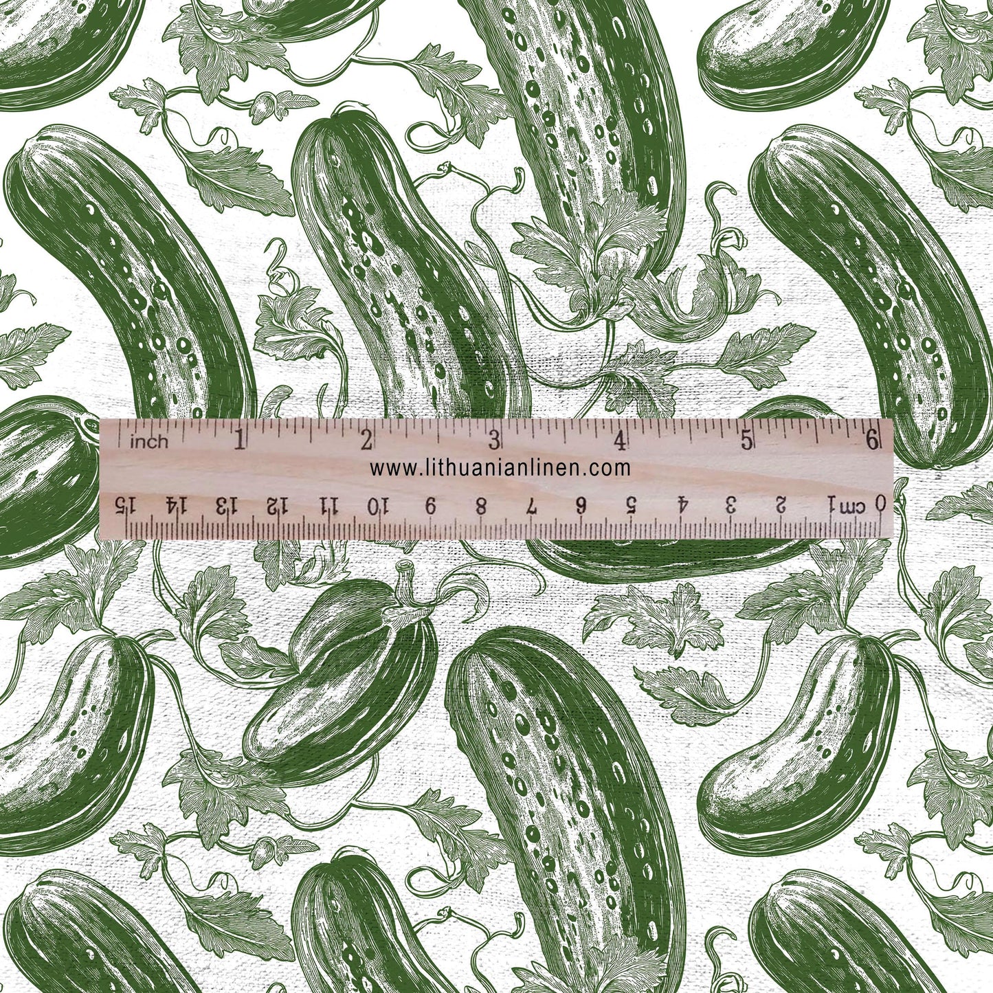 100% LINEN Fabric Green Cucumber print - green white 2268