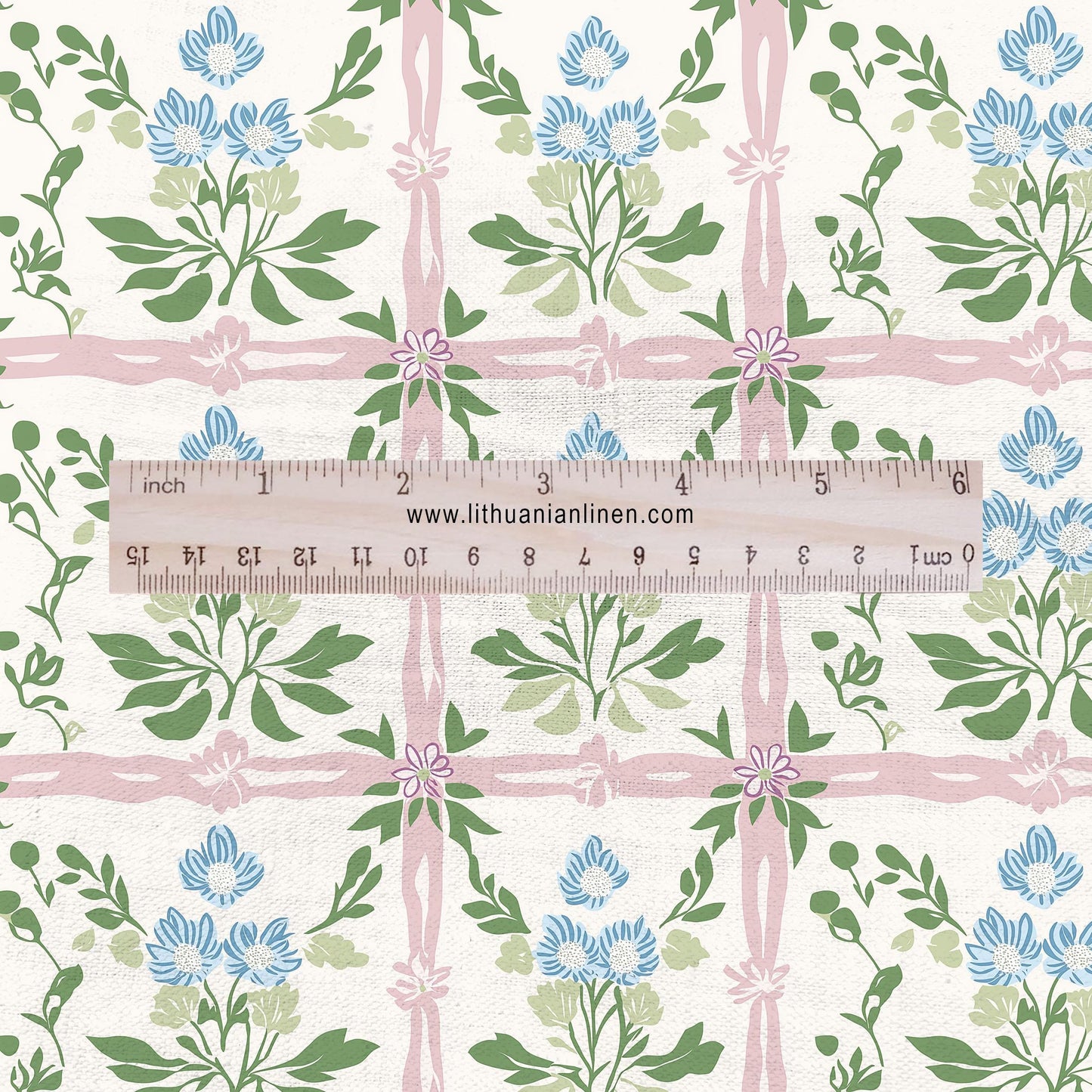 100% LINEN Fabric green blue pink floral print 2344