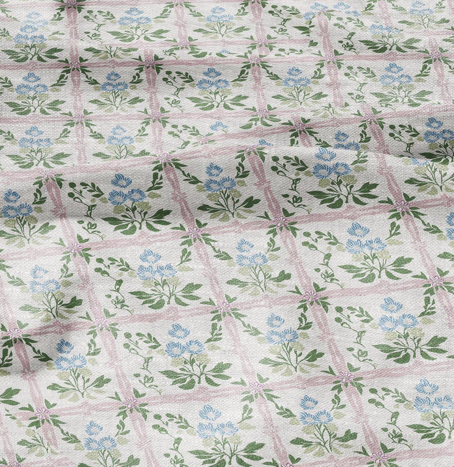 100% LINEN Fabric green blue pink floral print 2344