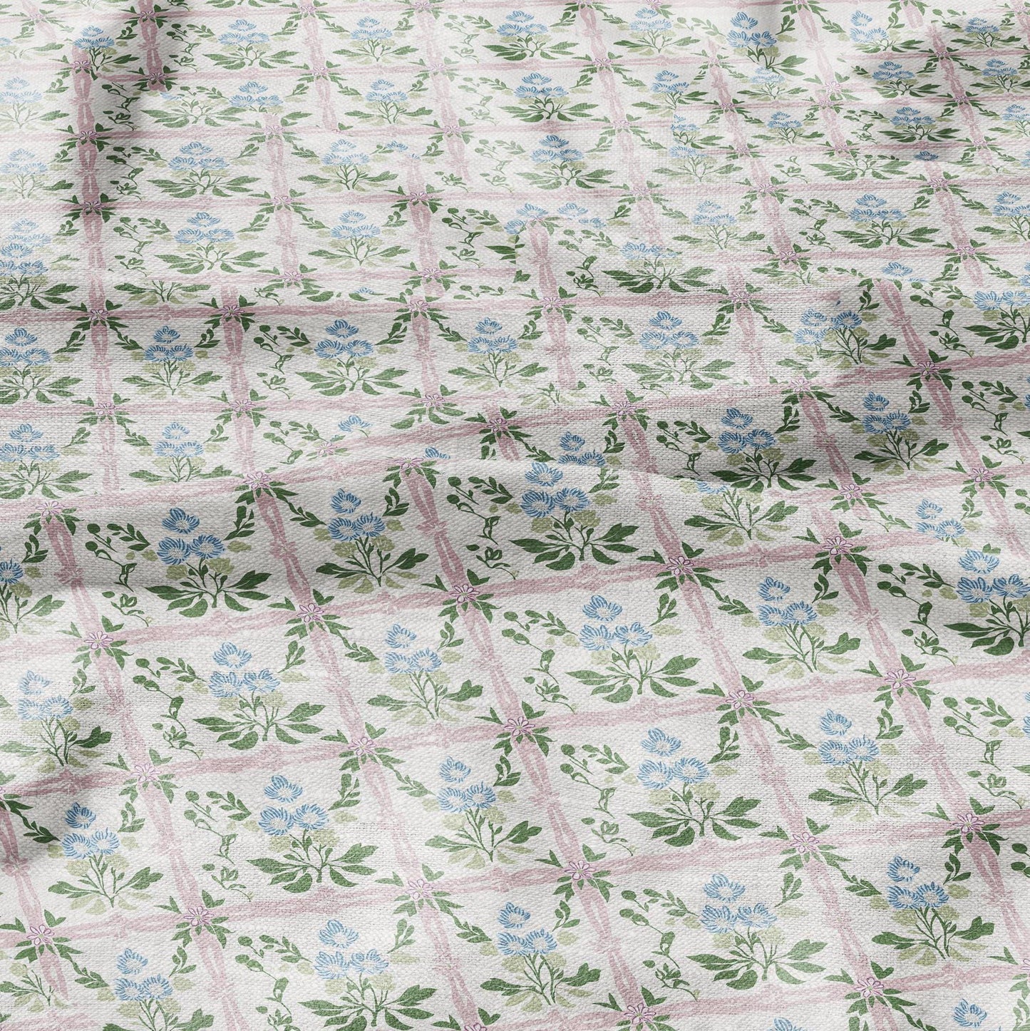 100% LINEN Fabric green blue pink floral print 2344