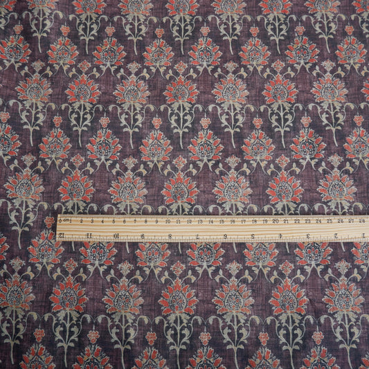 100% LINEN Fabric in floral block print - brown red 2348