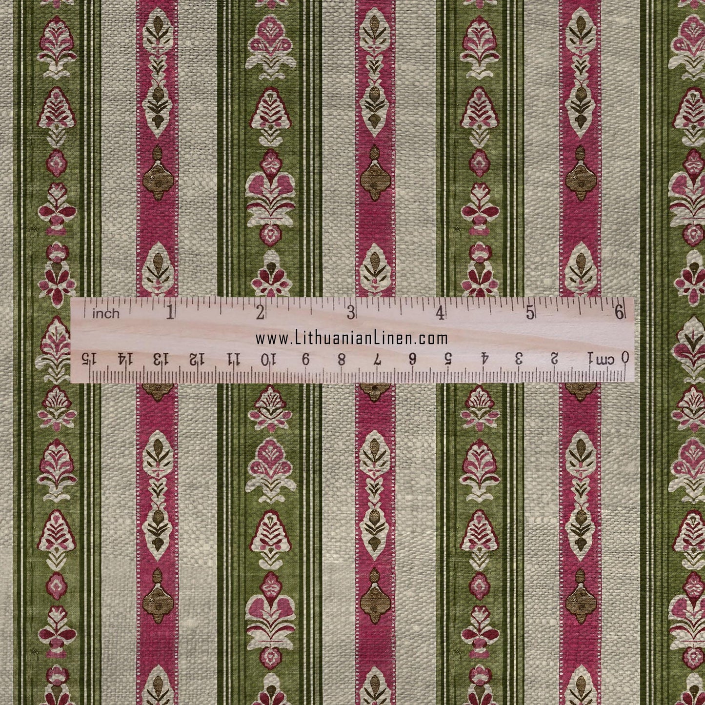100% LINEN Fabric ethno stripe print - tribal green red 2501