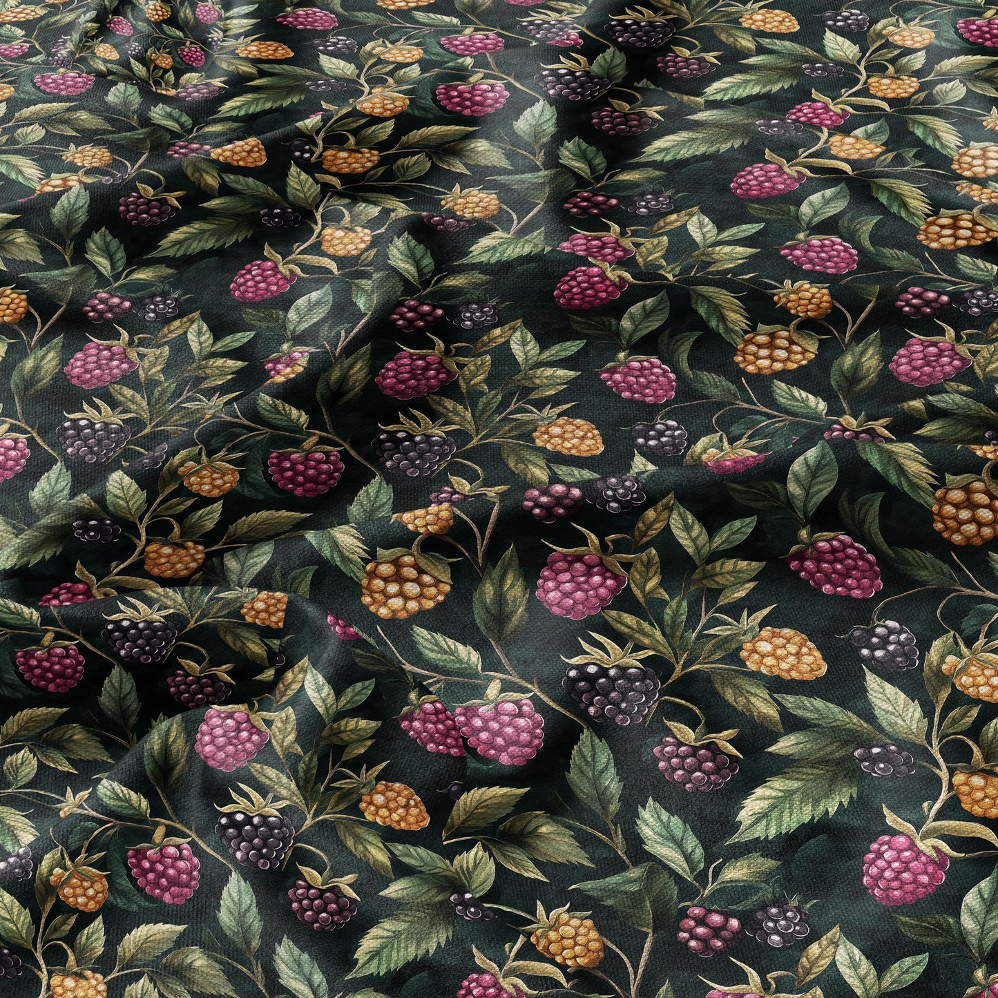 100% LINEN Fabric raspberry blackberry print - black green red 2099