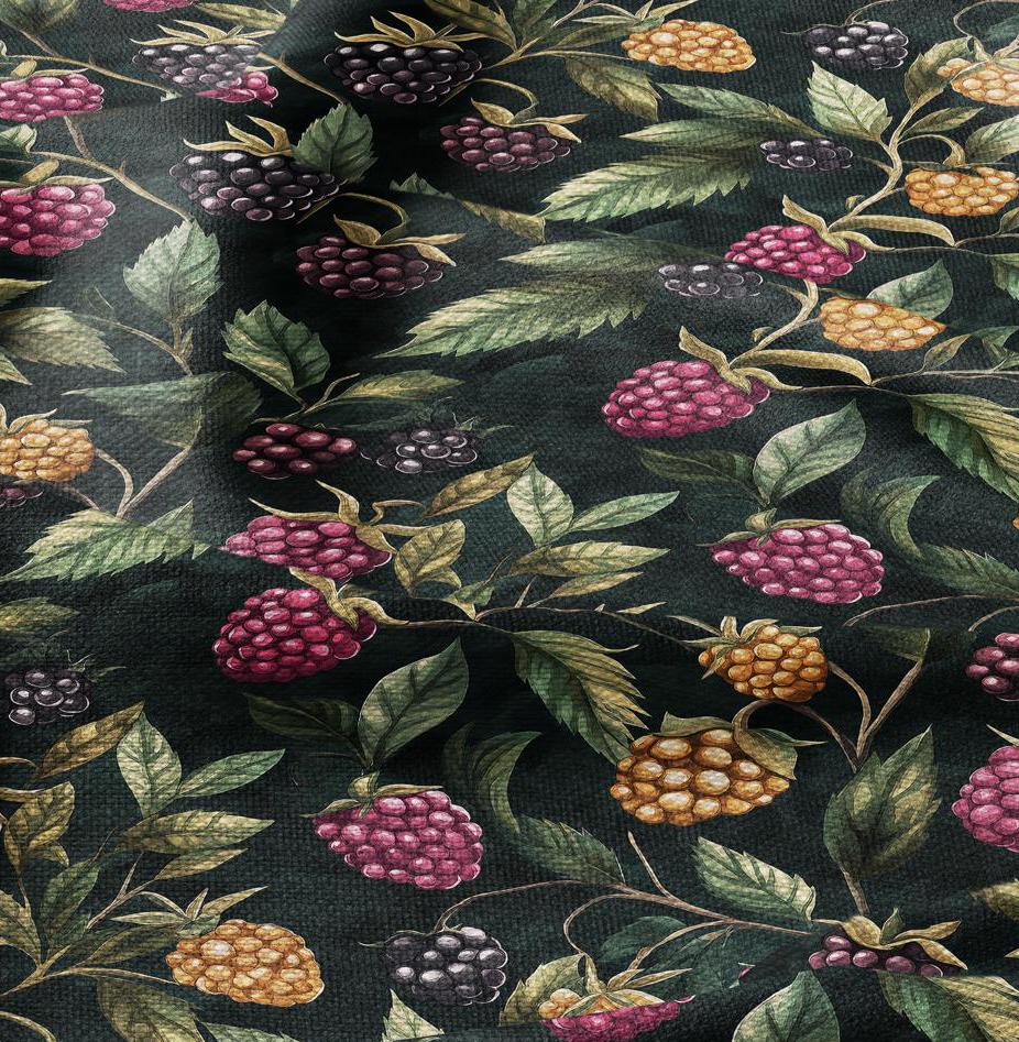 100% LINEN Fabric raspberry blackberry print - black green red 2099