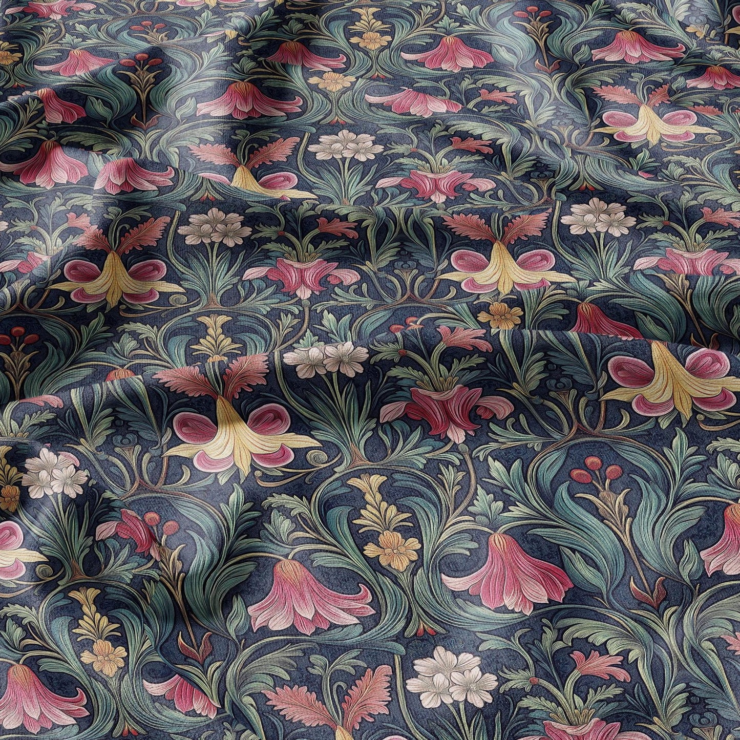 100% LINEN Fabric Art deco floral - botanical navy red 2180