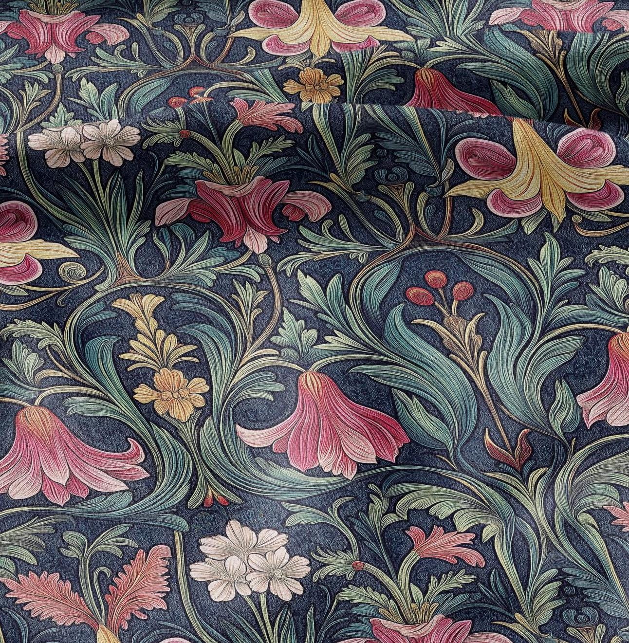 100% LINEN Fabric Art deco floral - botanical navy red 2180