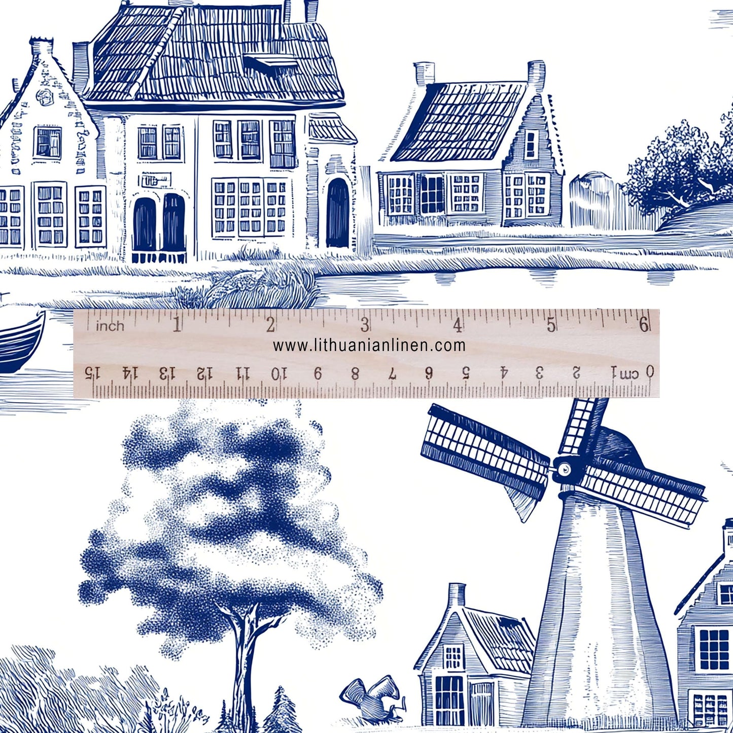 100% LINEN Fabric Delft Holand scenery print - blue white 2160
