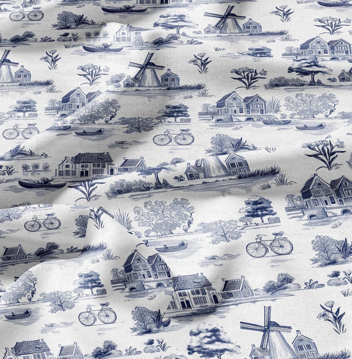 100% LINEN Fabric Delft Holand scenery print - blue white 2160