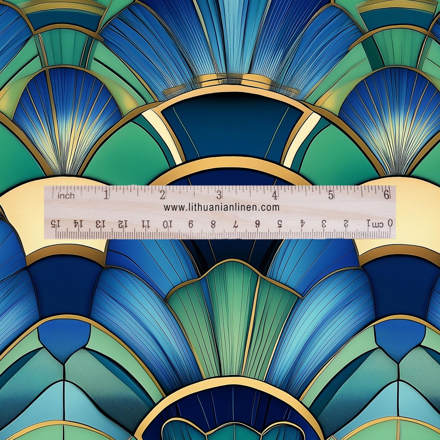 100% LINEN Fabric Art deco blue green - fan print 2144