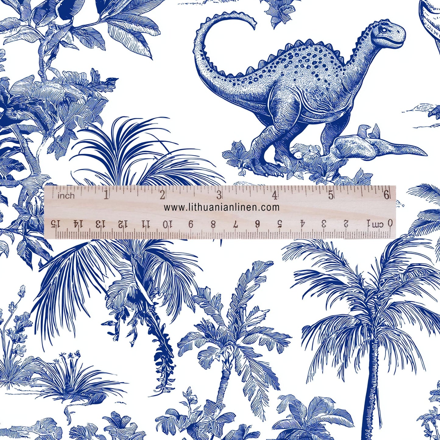 100% LINEN Fabric Toile de Jouy with dinosaures - white blue nursery fabric 2176