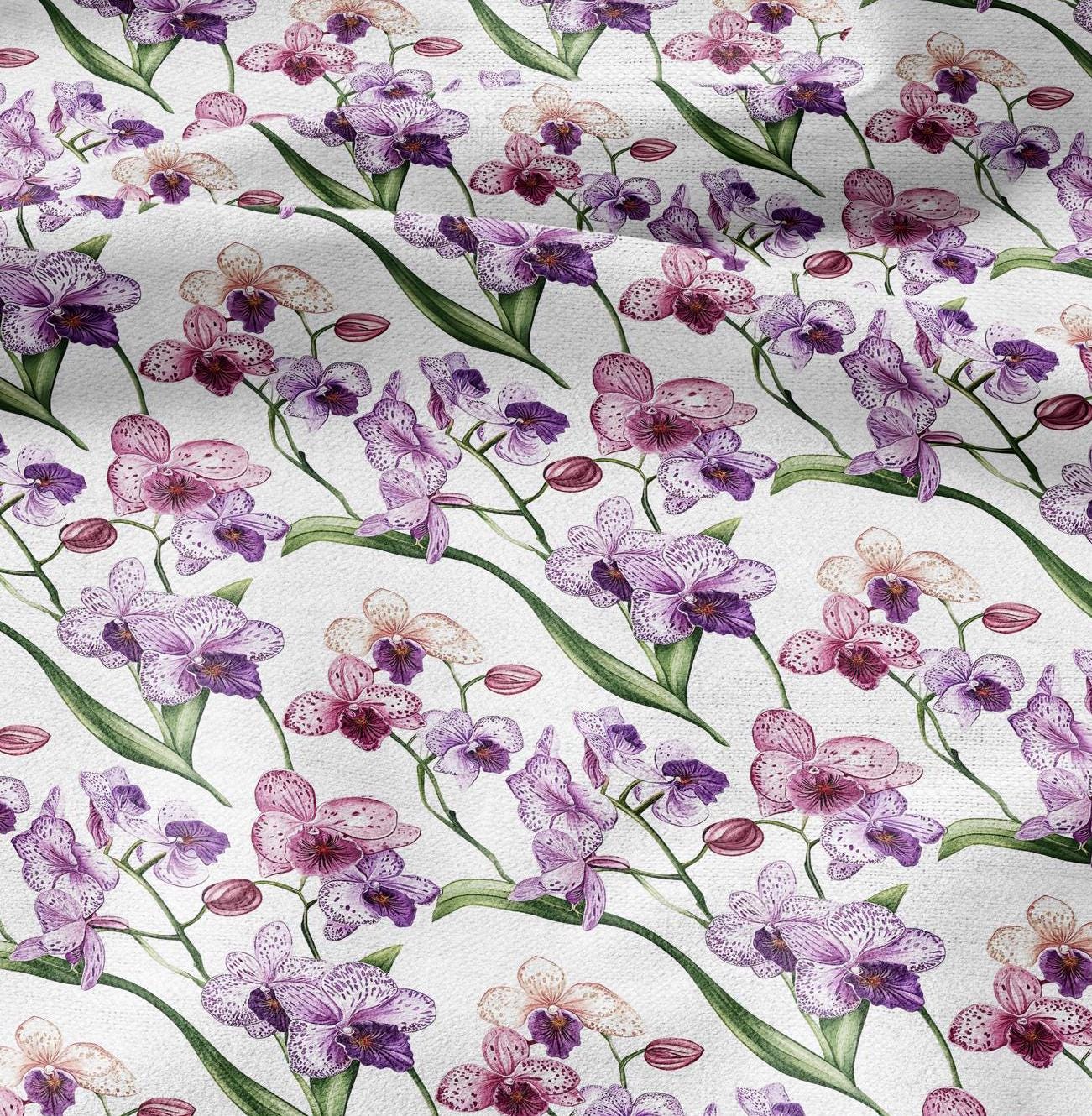 100% LINEN Fabric Floral pink purple orchid print - 2128