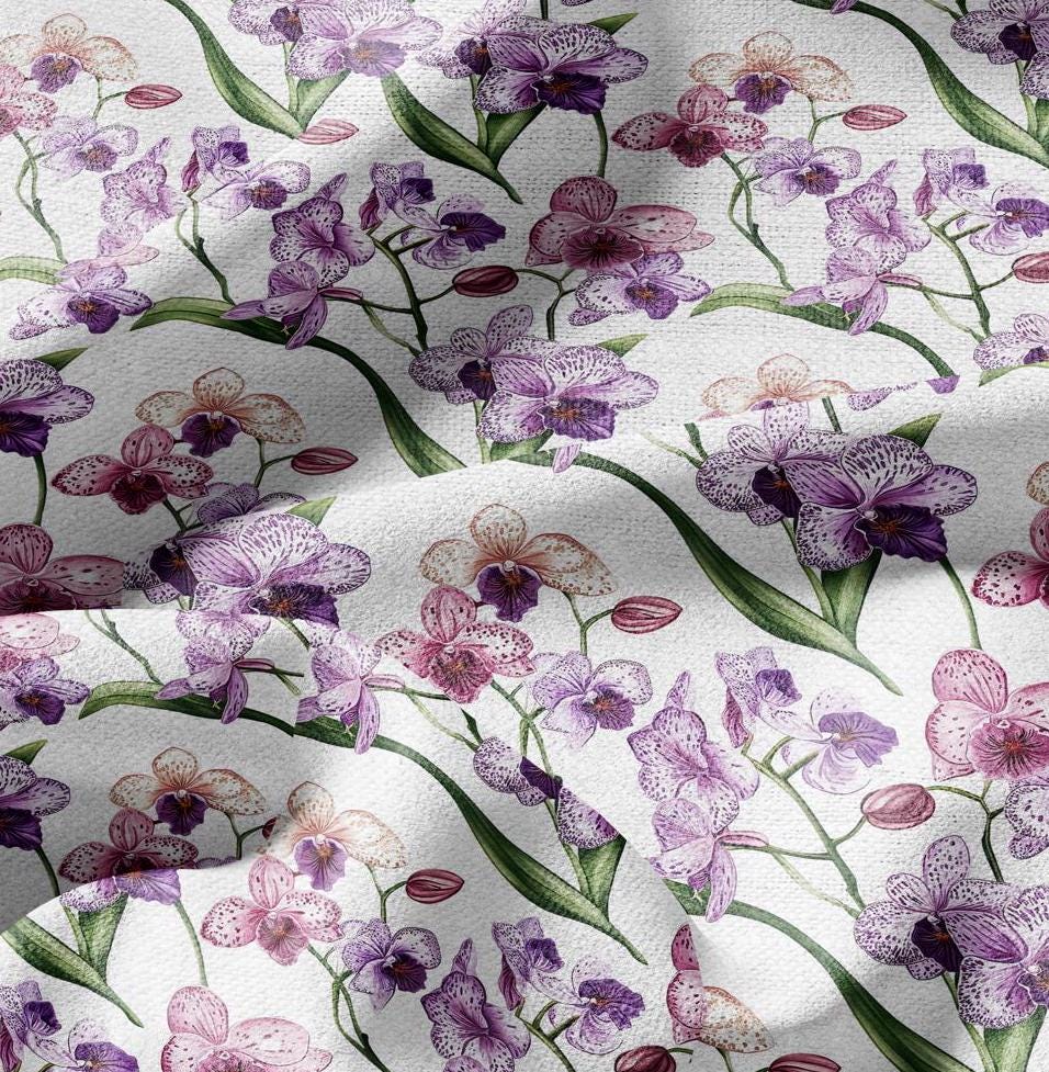 100% LINEN Fabric Floral pink purple orchid print - 2128