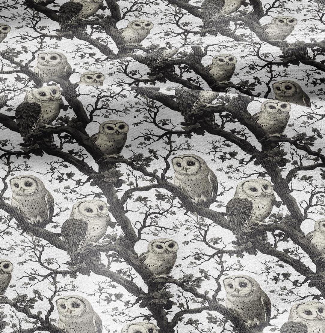 100% LINEN Fabric Animal print with owl - 2411
