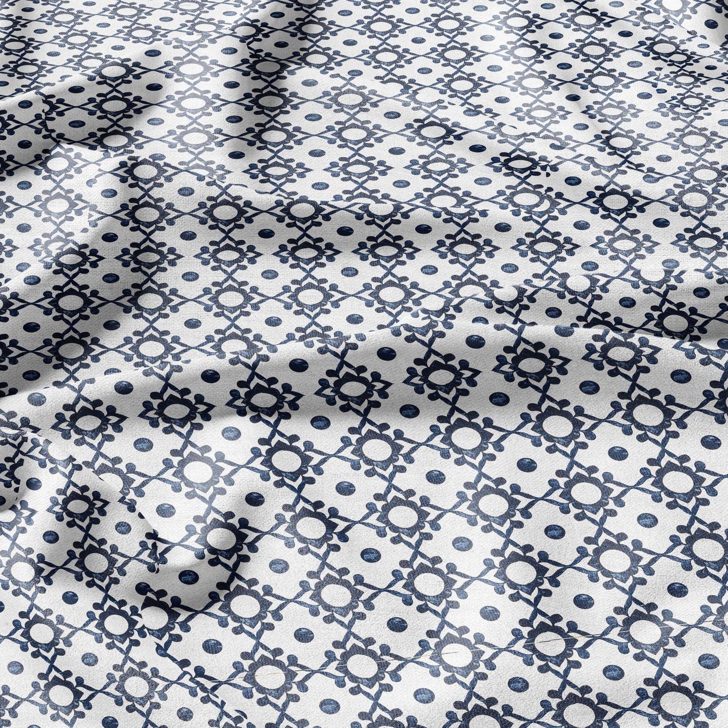100% LINEN Fabric block print indigo blue on white - 2430