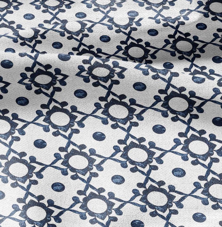 100% LINEN Fabric block print indigo blue on white - 2430