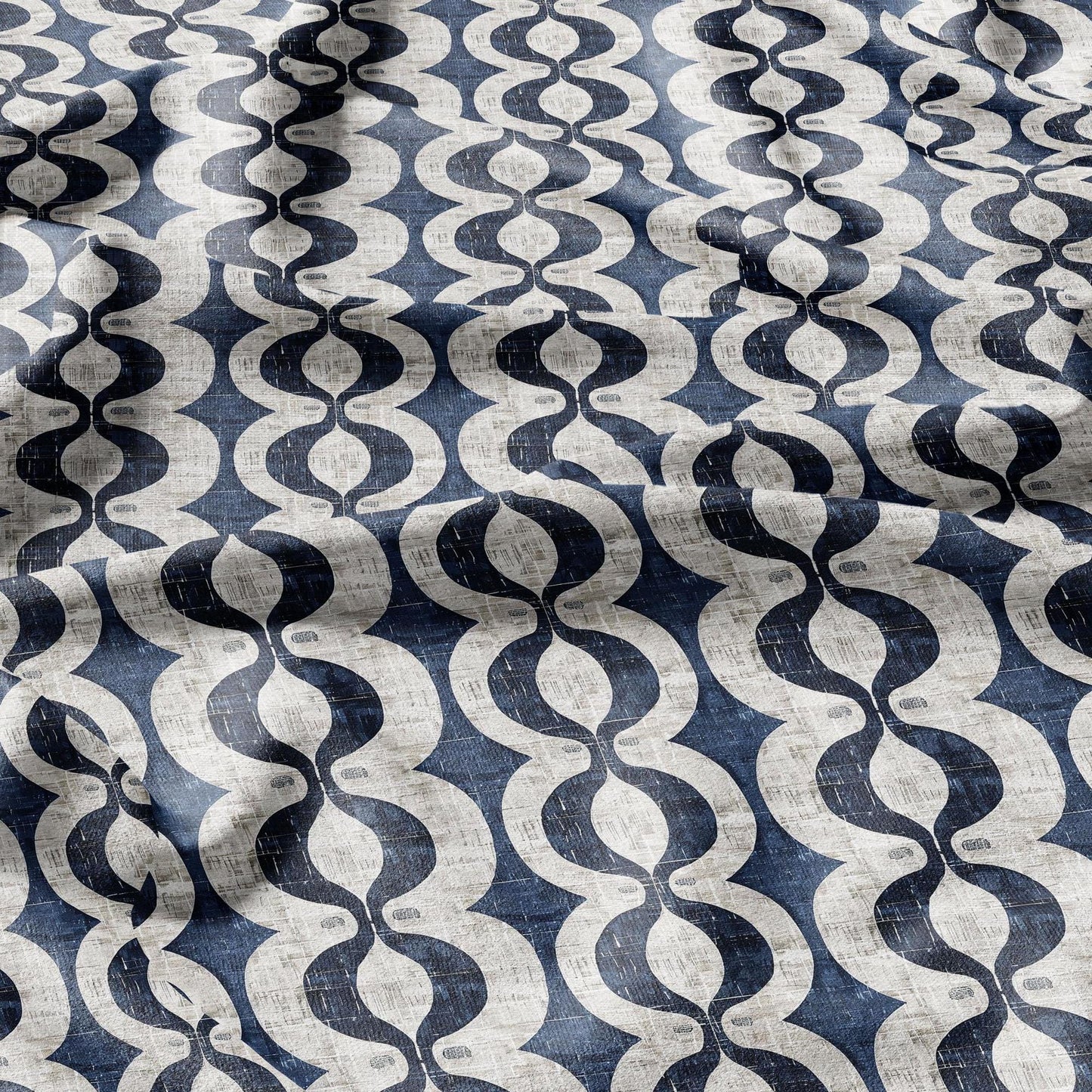 100% LINEN Fabric stripe squirl print - navy blue white 2424