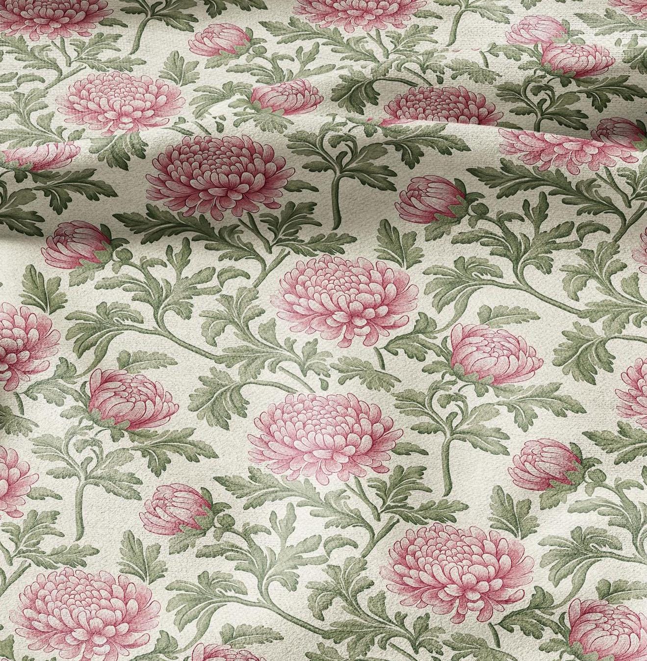 100% linen fabric Chrysanthemum print - floral beige pink green 2415
