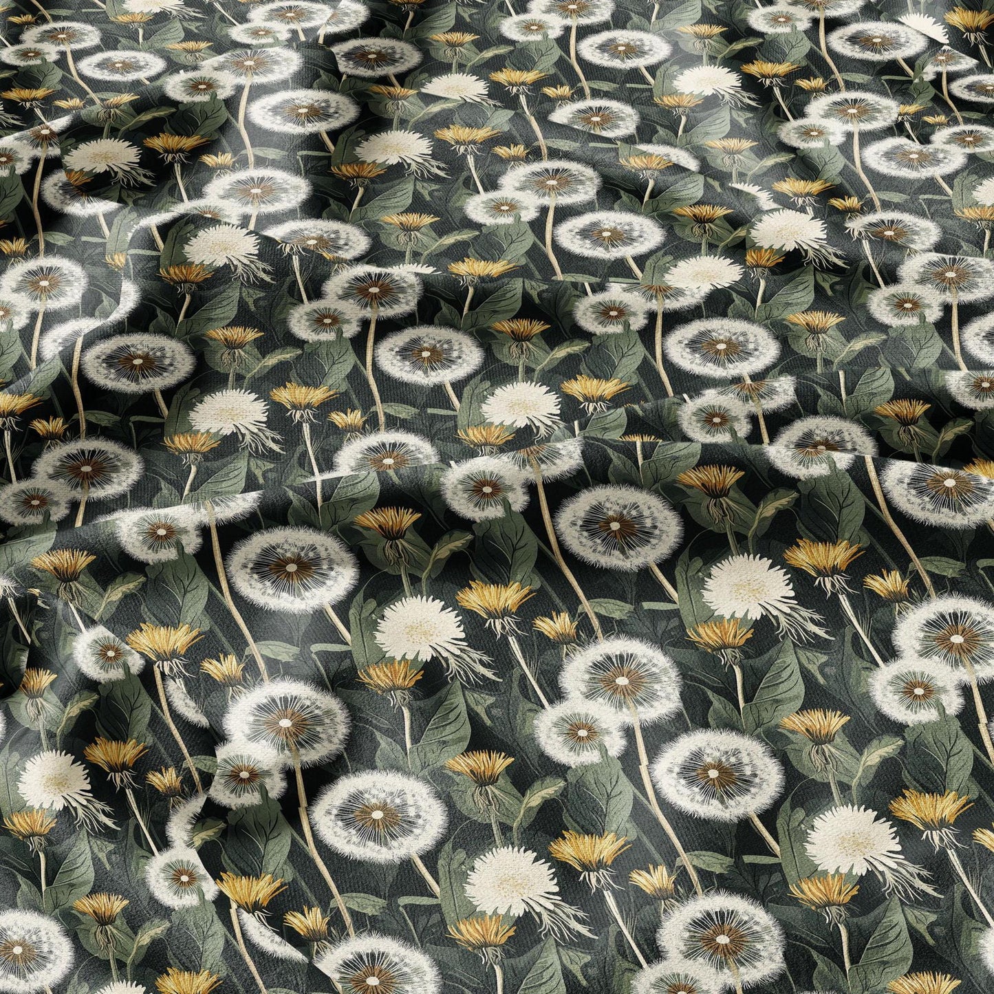100% linen fabric Dandelion field print - floral green yellow 2429