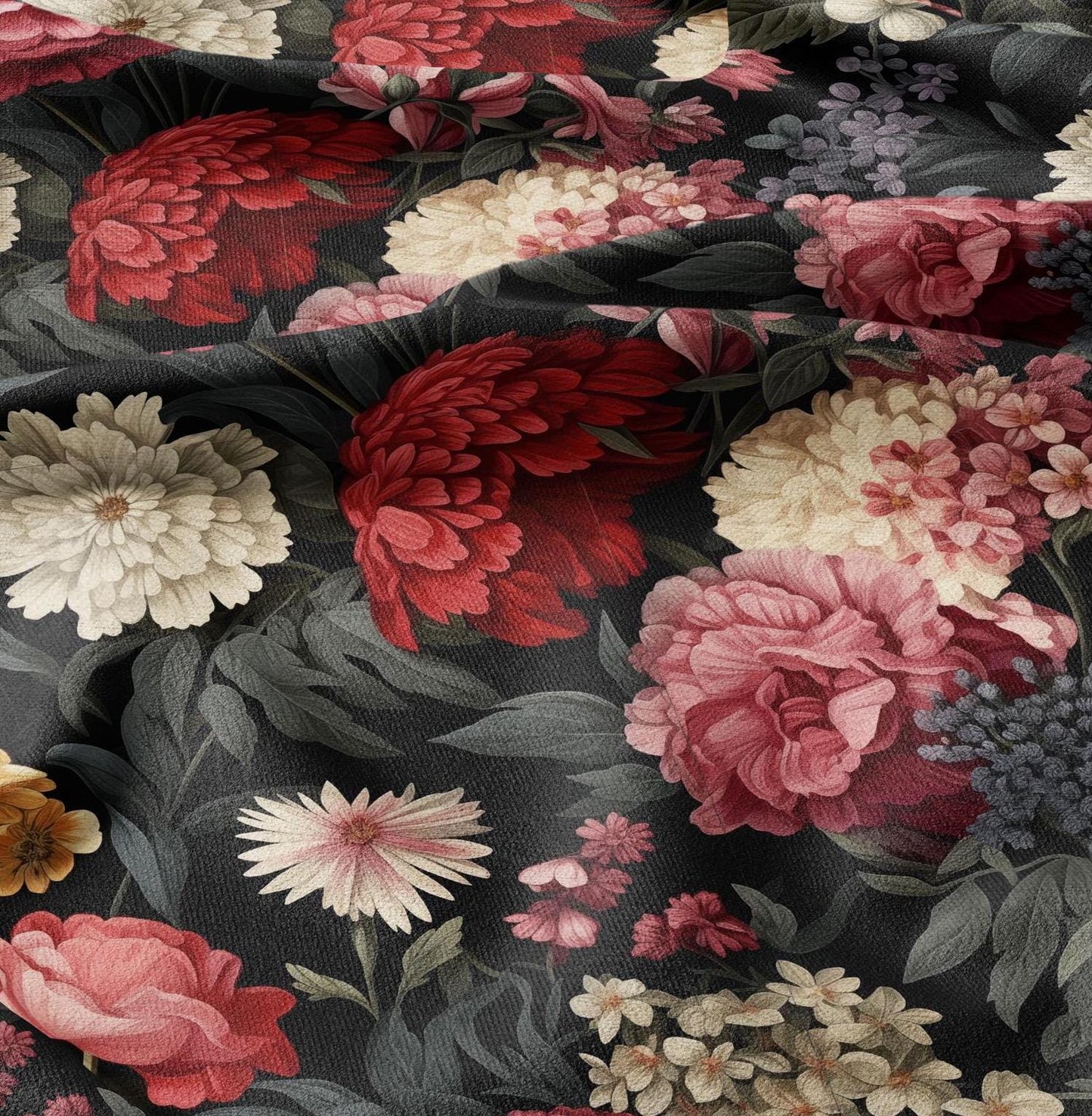100% linen fabric baroque flower print - floral red black 2421