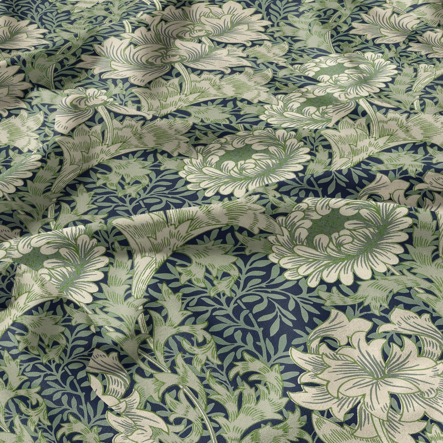 William Morris Chrysanthemum green print on 100% LINEN fabric - 2102
