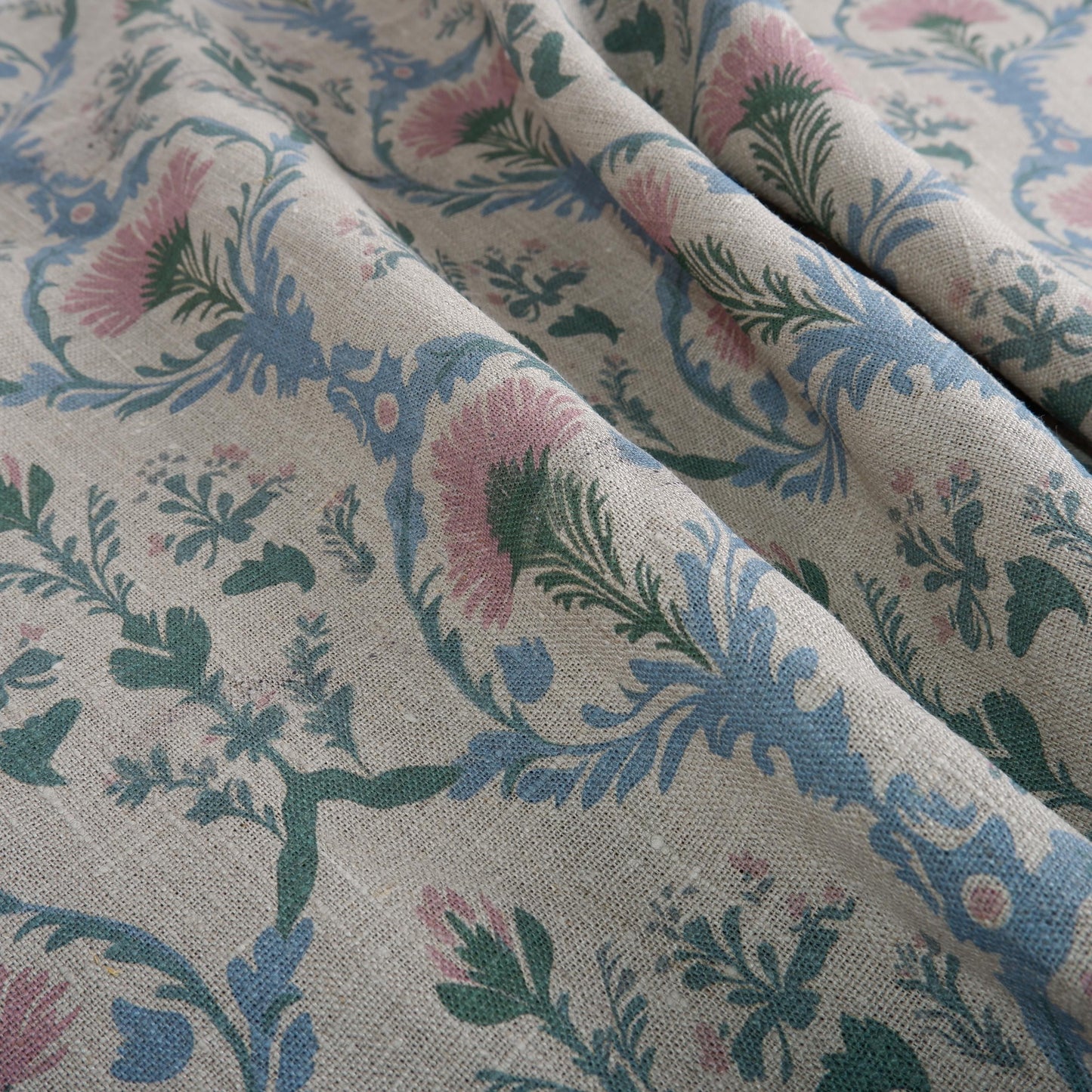 100% LINEN Fabric pink blue block print - Arabesque trellis 2254