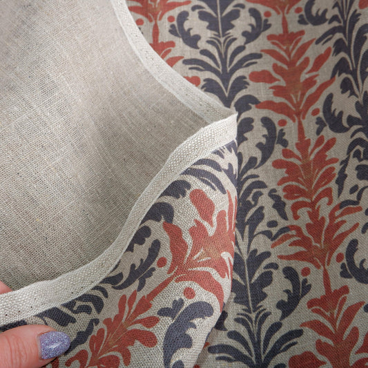 100% LINEN Fabric block print on oatmeal linen - red grey 2241