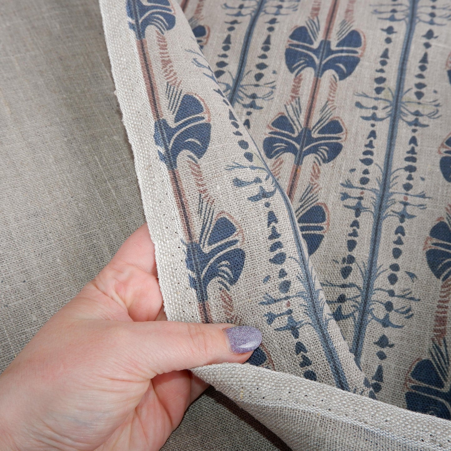 100% LINEN Fabric Stripe abstract blue red grey block print 2237