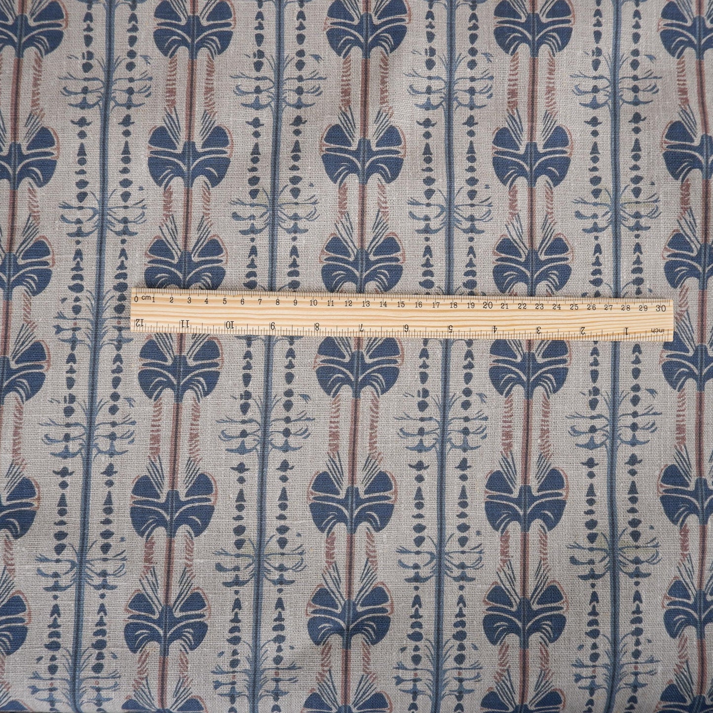 100% LINEN Fabric Stripe abstract blue red grey block print 2237