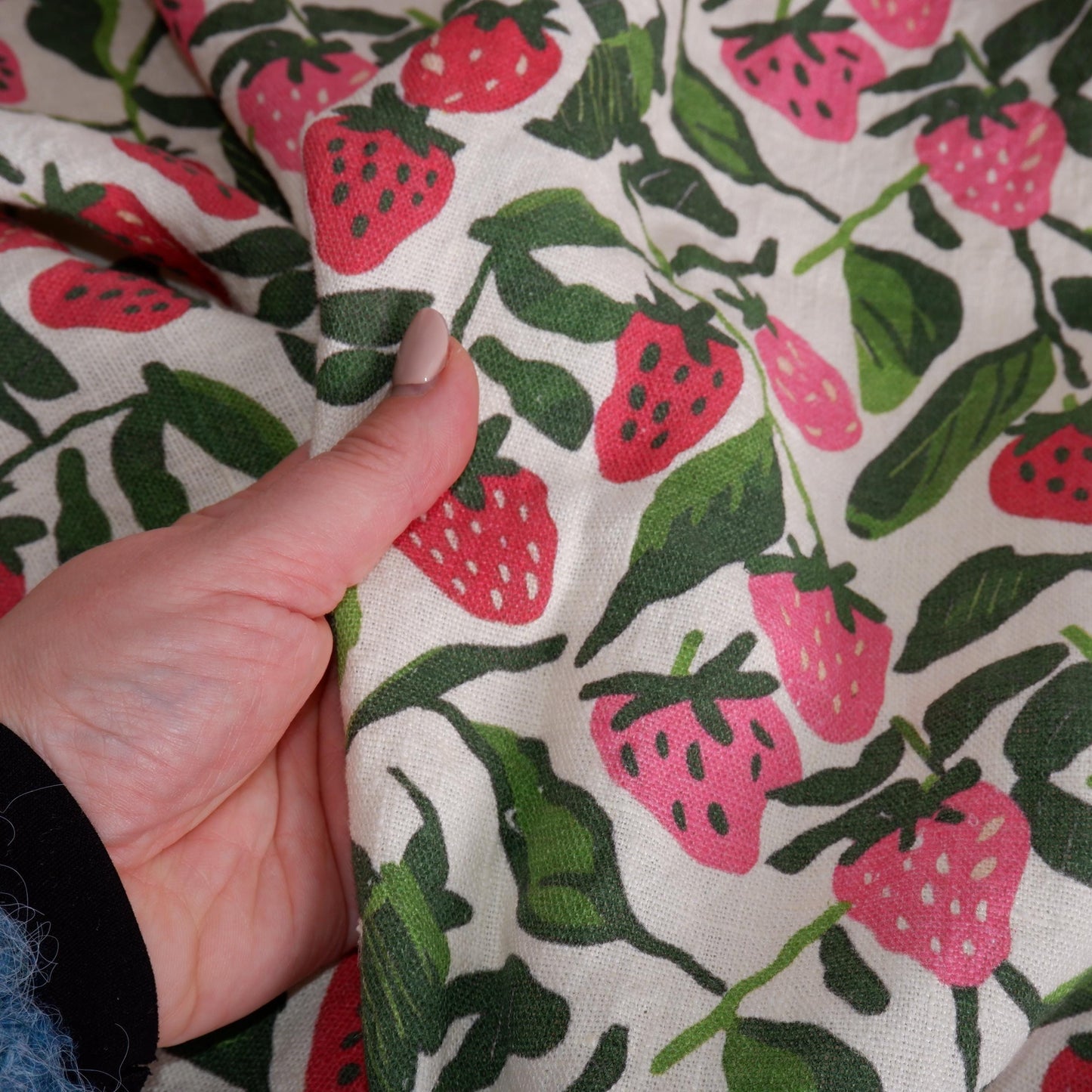 100% LINEN Fabric with strawberry field print - beige pink red green 2077