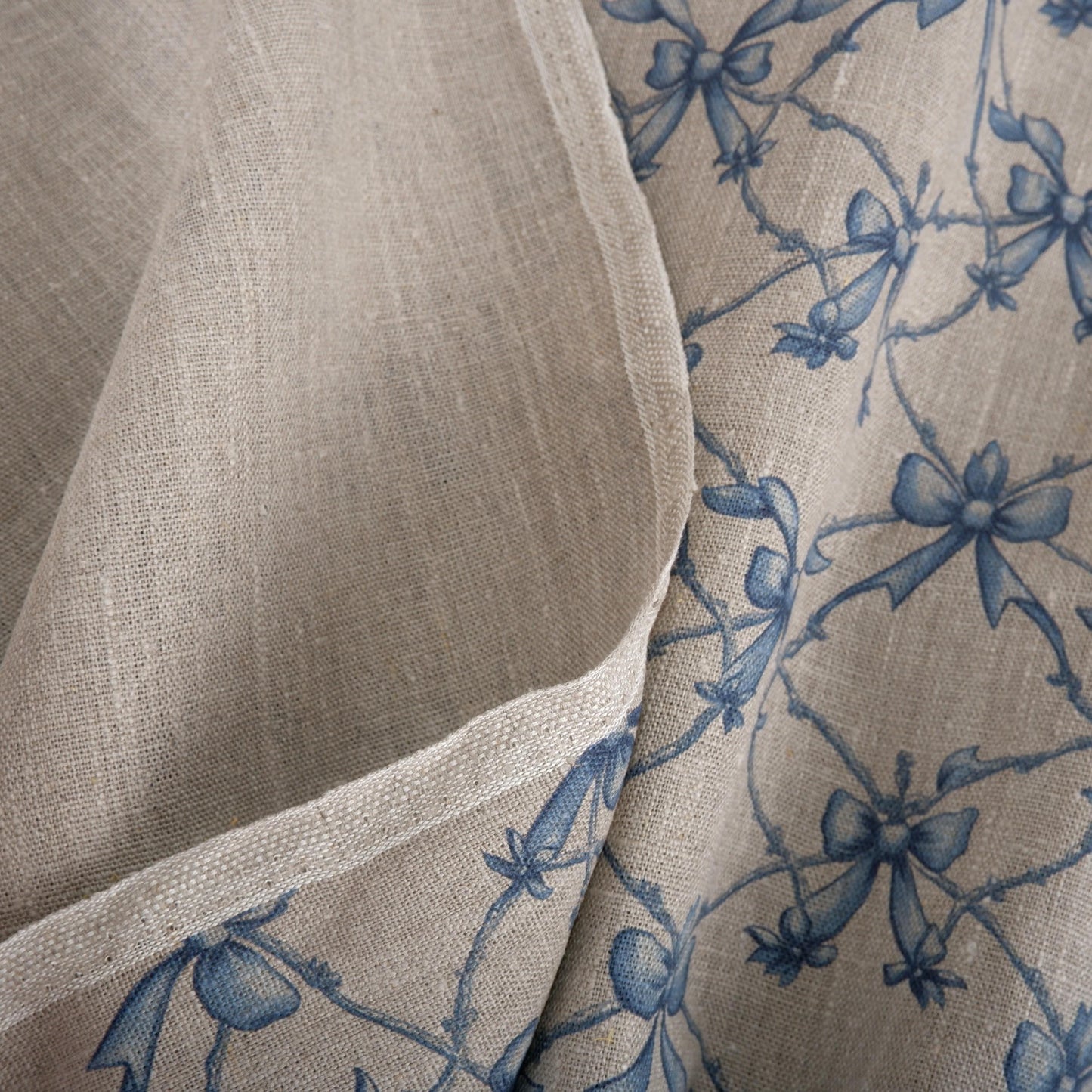 100% LINEN Fabric Blue Ribbon bow on oatmeal linen - Nursery print 2235