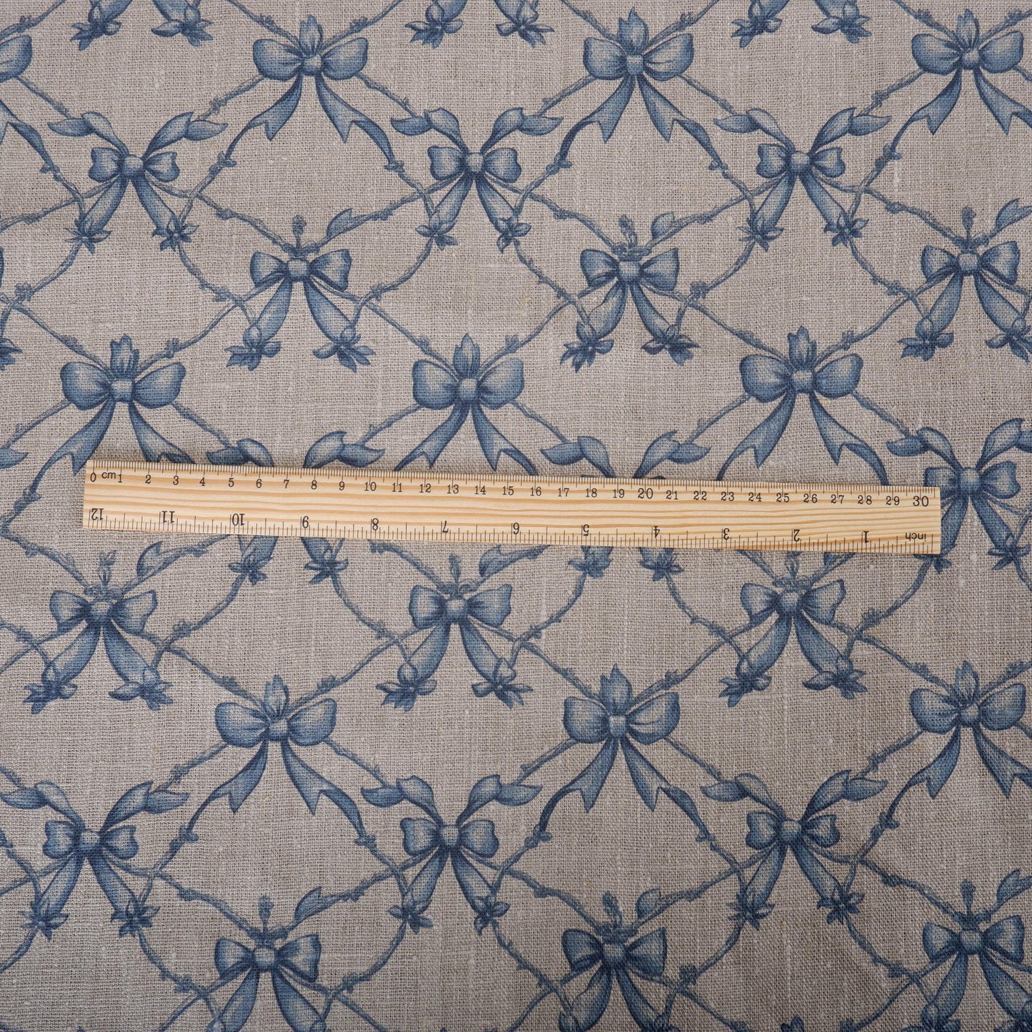 100% LINEN Fabric Blue Ribbon bow on oatmeal linen - Nursery print 2235
