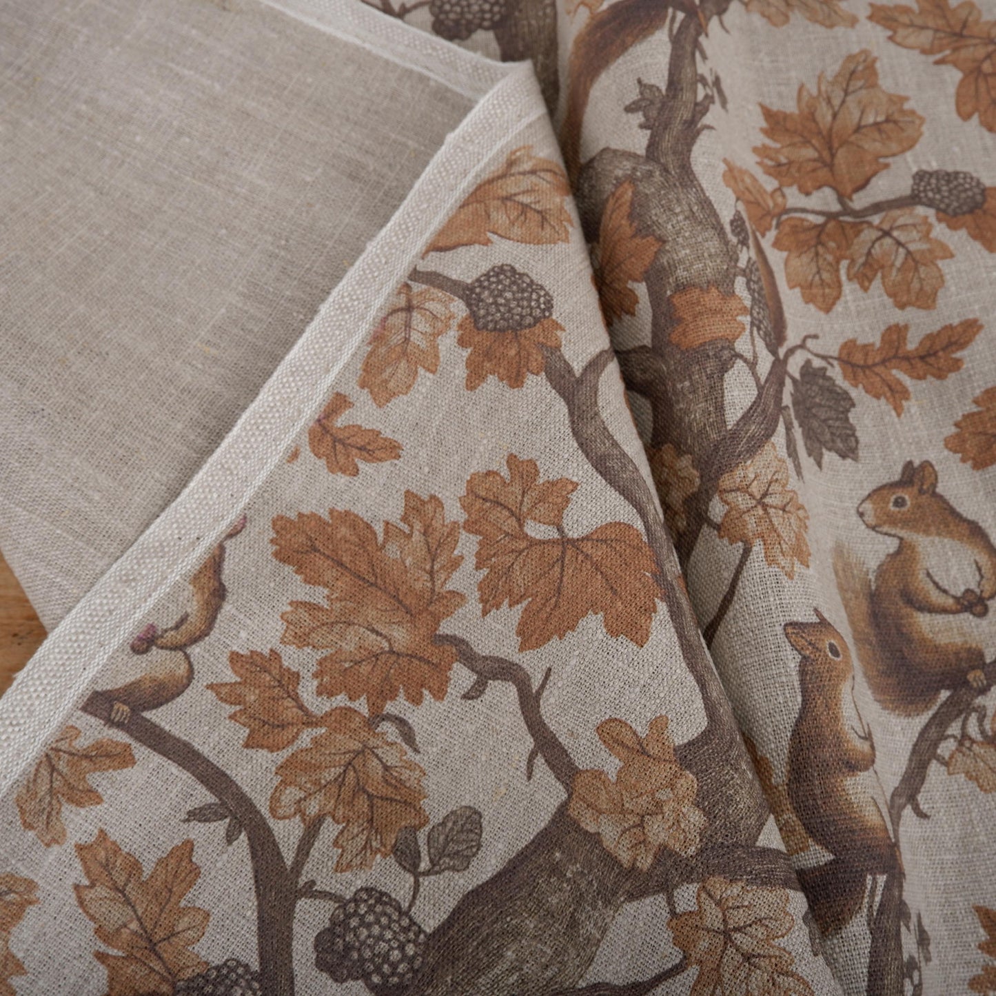 100% LINEN Fabric Toile de Jouy with Squirrel in forest 2220
