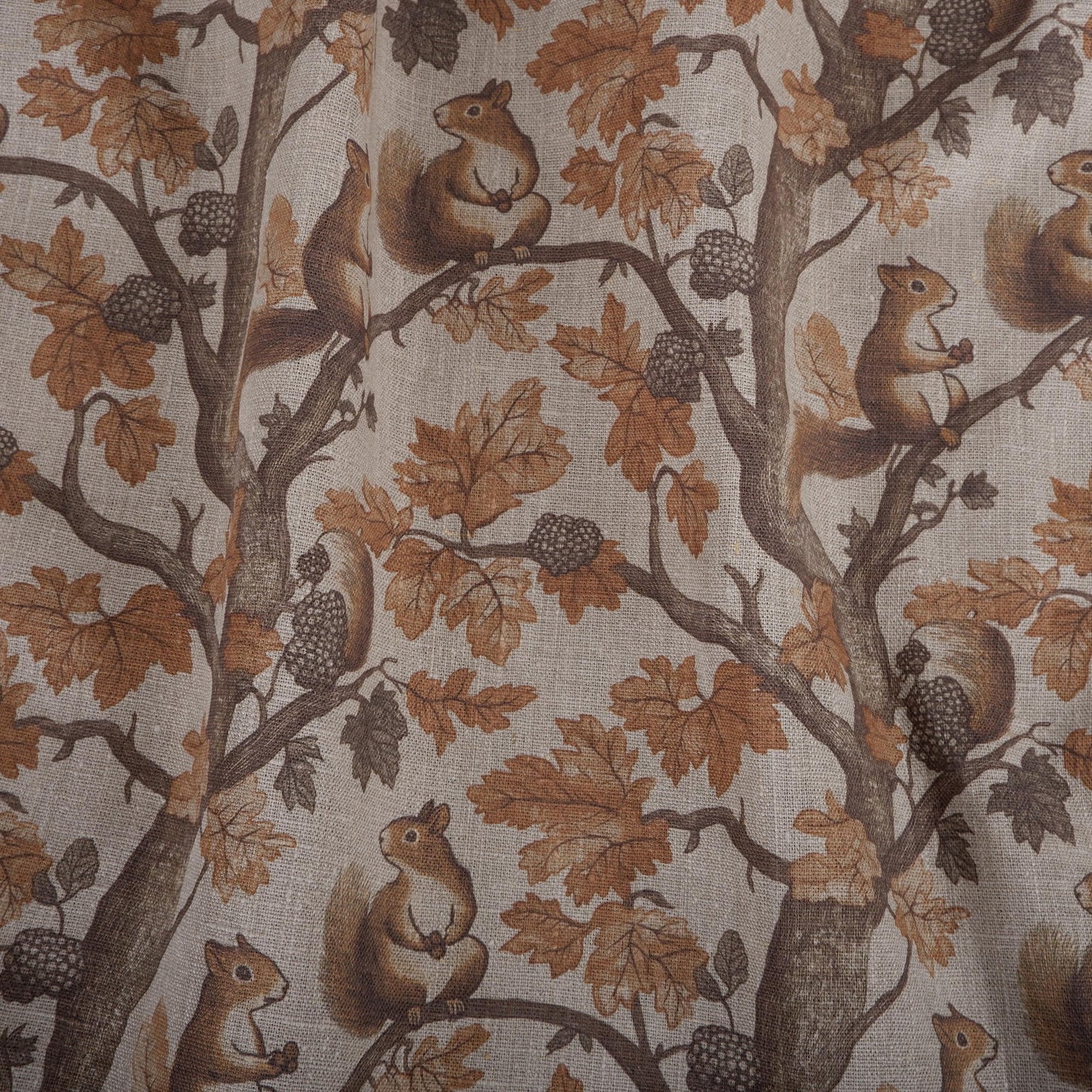 100% LINEN Fabric Toile de Jouy with Squirrel in forest 2220