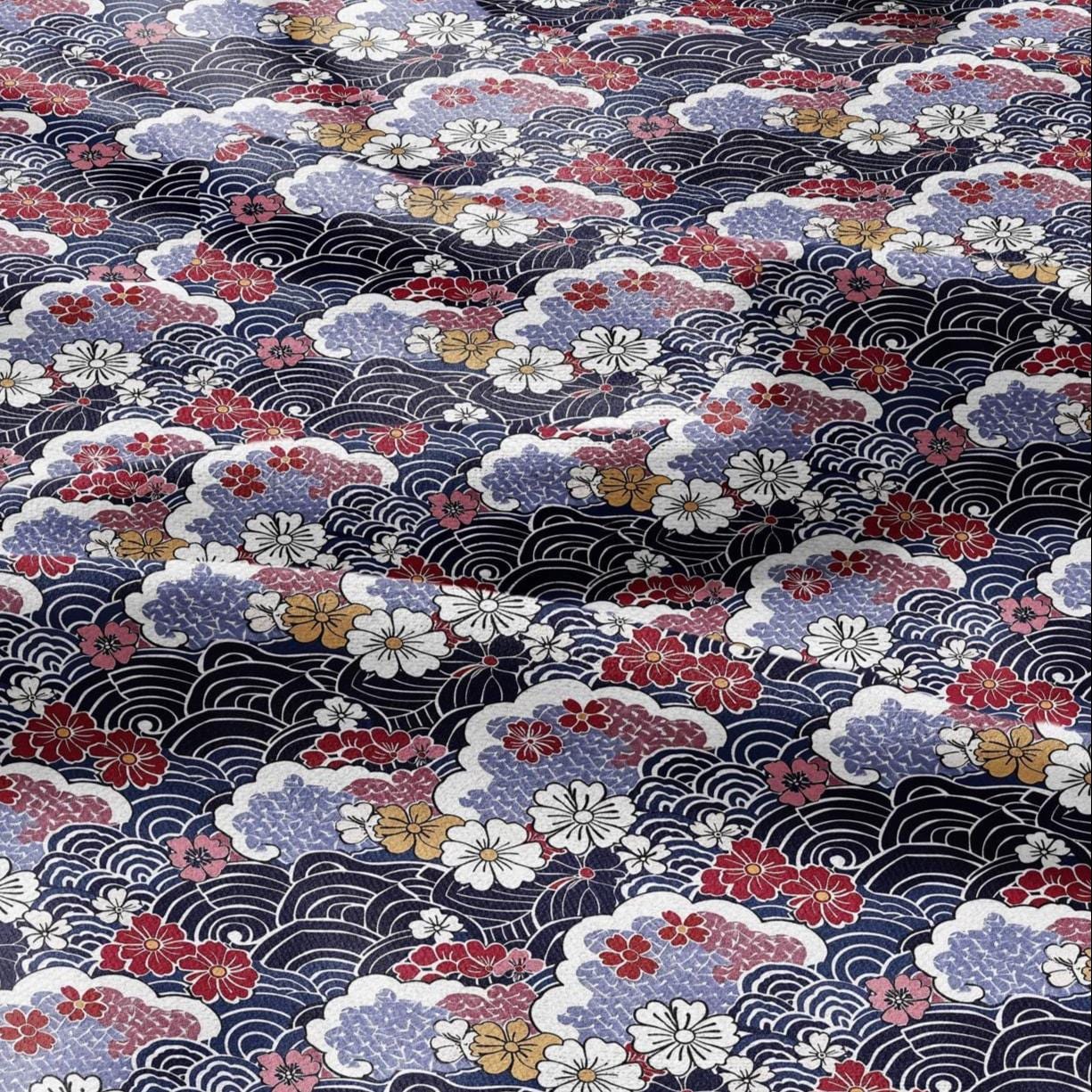 100% LINEN Fabric Japanese Ikigai Print - red navy waves floral 2201