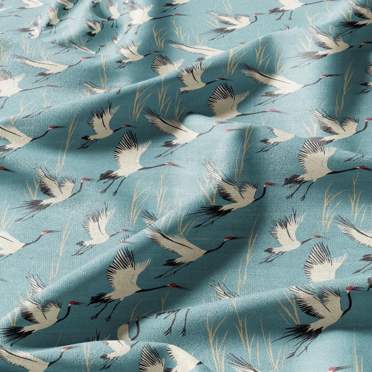 100% LINEN Fabric Cranes print -birds blue white 2271
