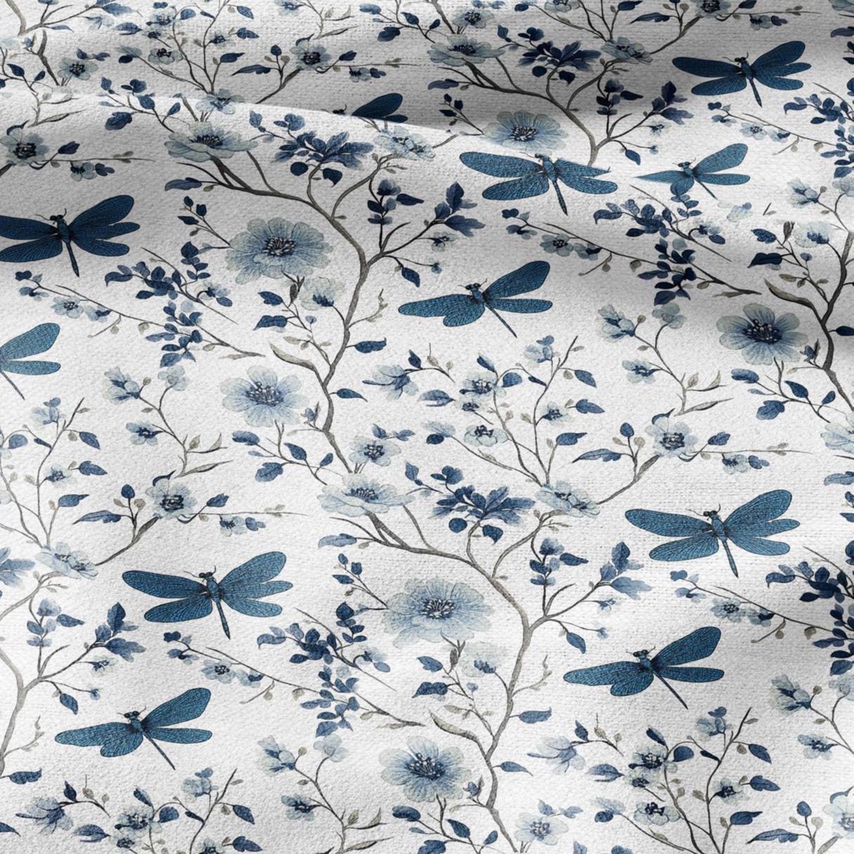 100% LINEN Fabric Dragonflies in field print - blue white meadow 2283