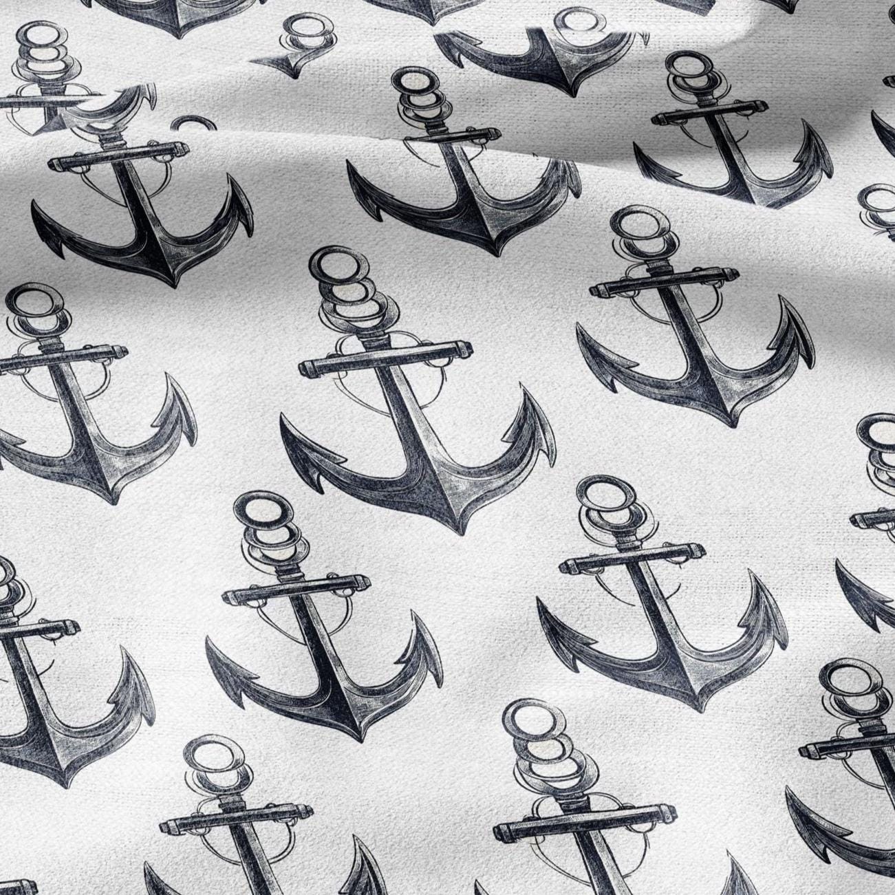 Anchor print on 100% LINEN fabric - white black 2292