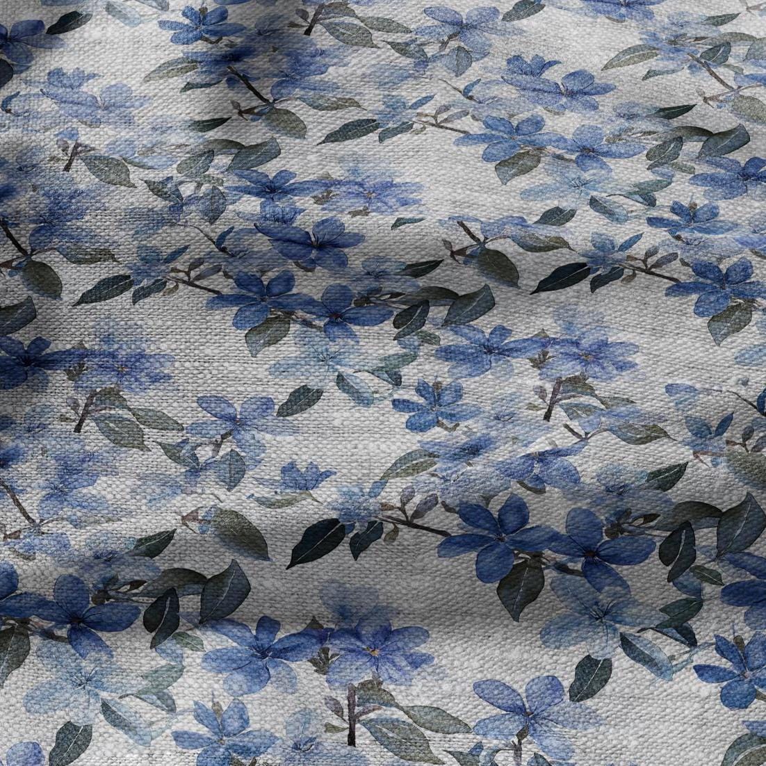 100% LINEN Fabric floral blue blossom print on oatmeal linen 2507