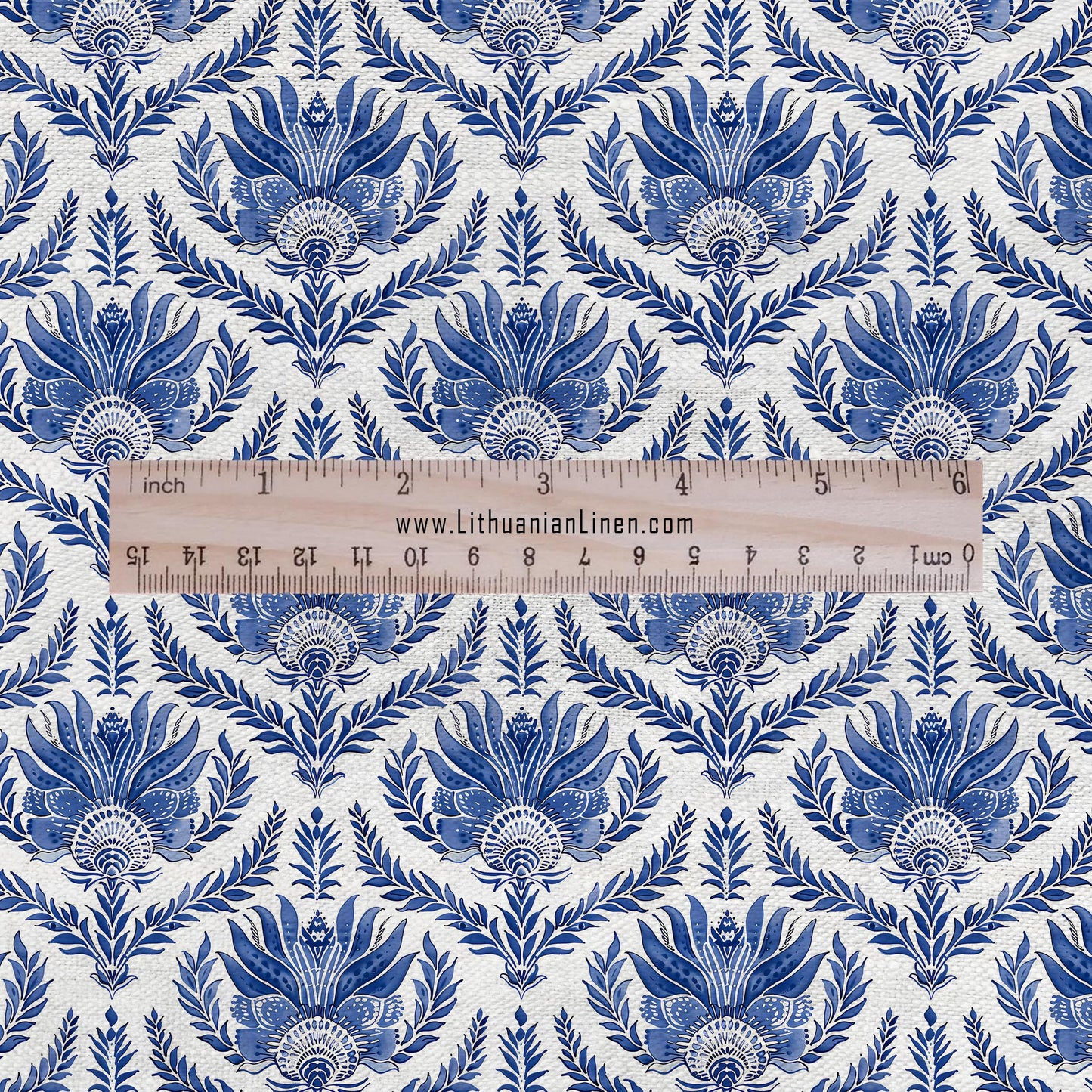 100% LINEN Fabric French blue block print on white linen 2510