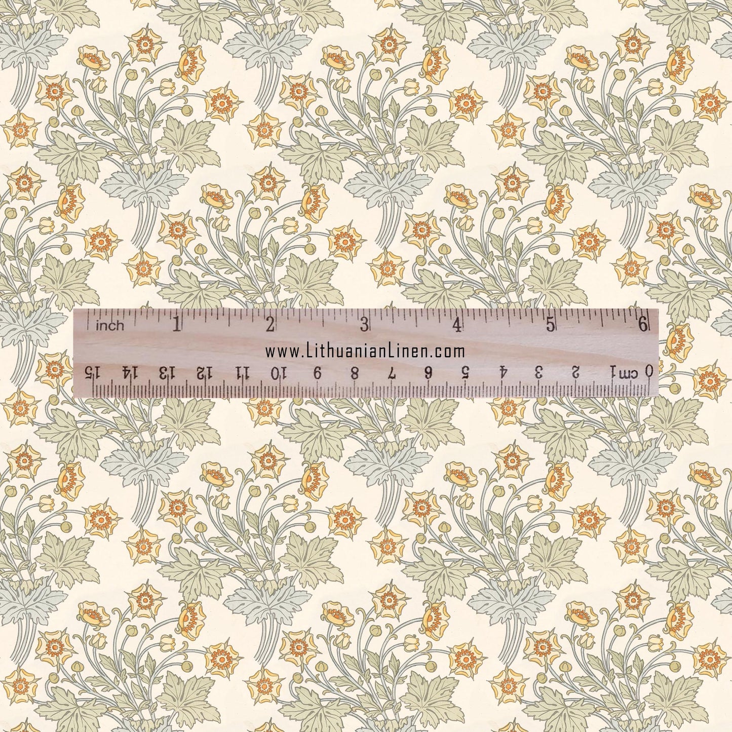 100% linen fabric Ranunculus print - Buttercup beige yellow 2445