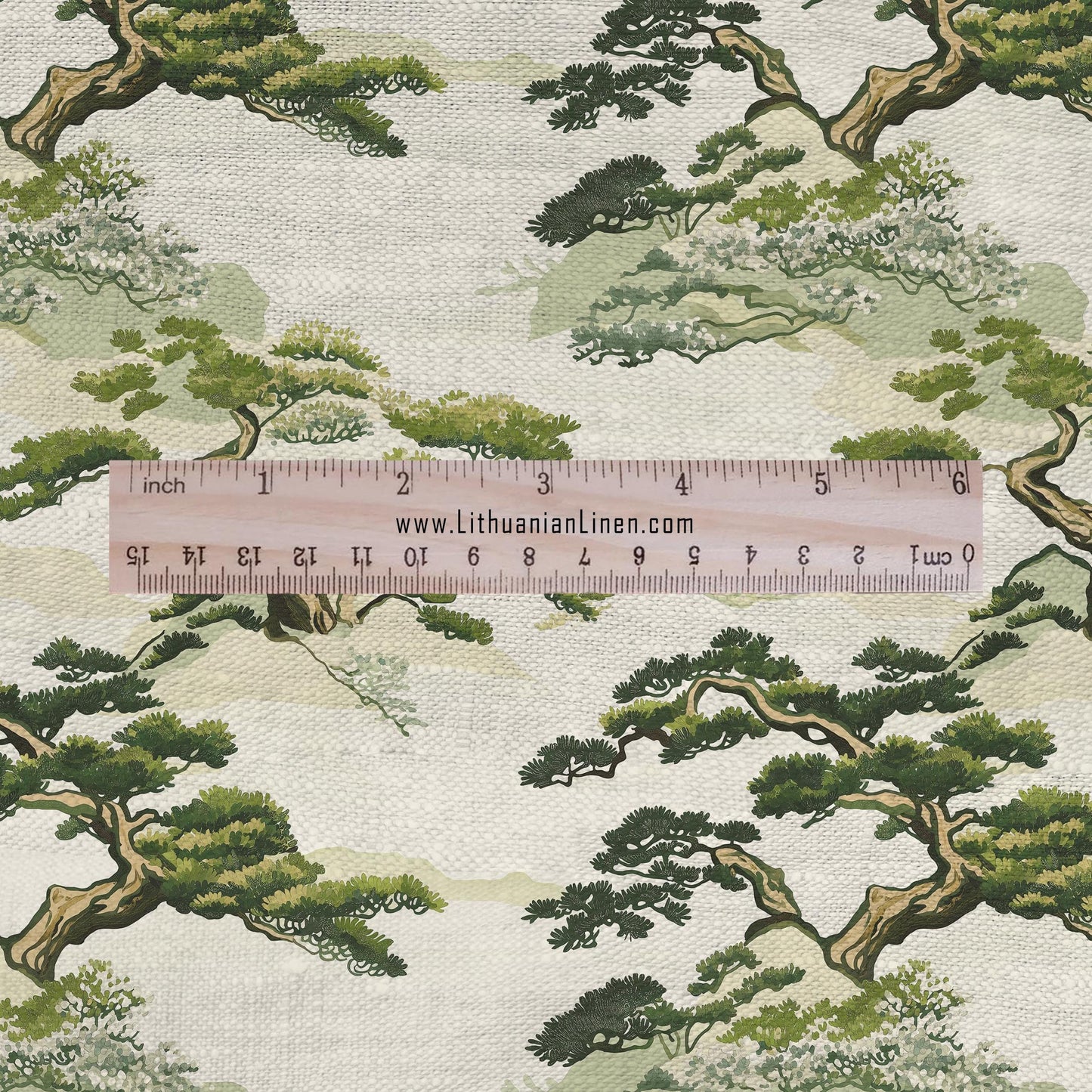 100% LINEN Fabric Japanese BONSAI print - Japan scenery 2265
